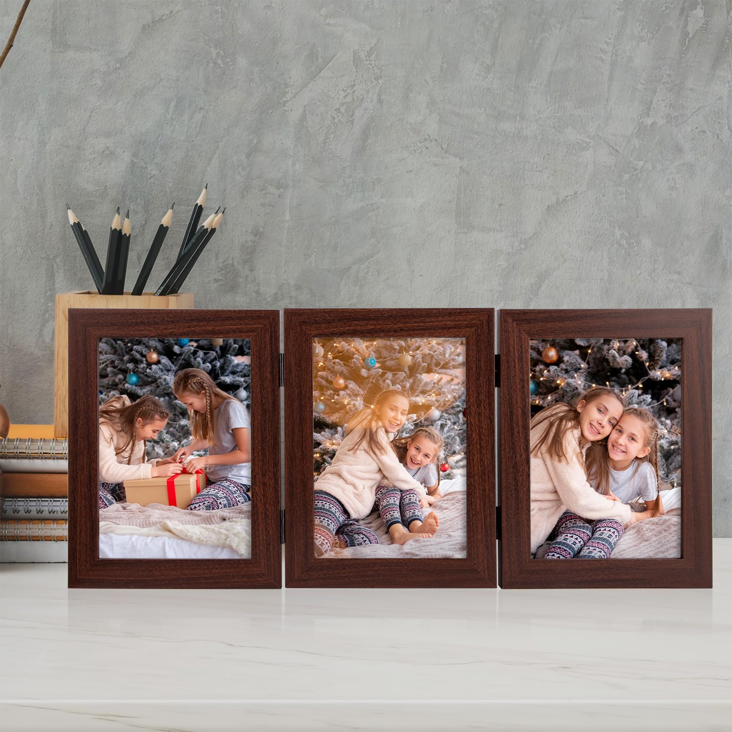 Frametory 5x7 Triple Picture Frame Set - Walnut Hinged Trifold Photo Collage with Glass Front for Tabletop Display (2 Pack) | Perfect for Family Photos, Wedding Memories, and Home Decor