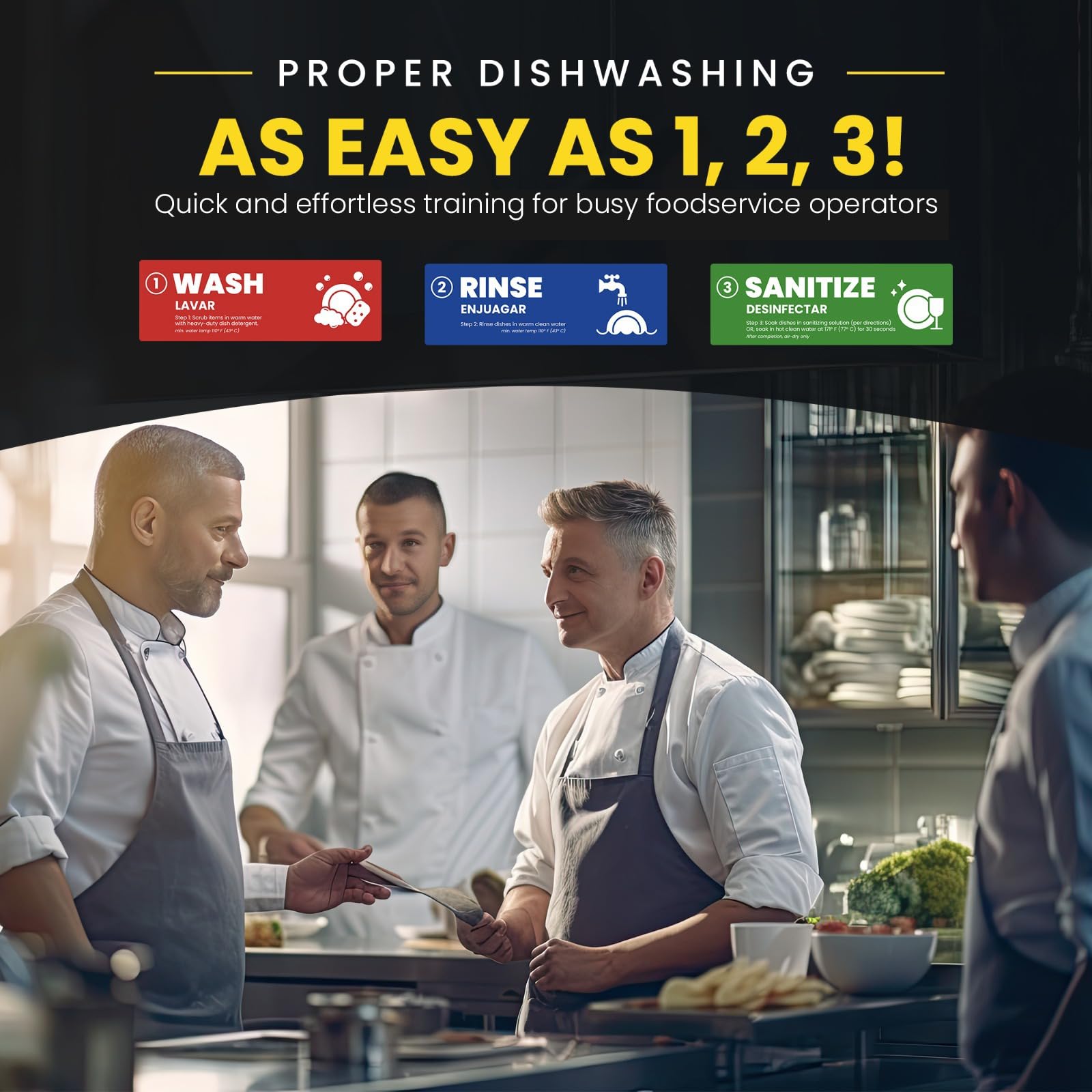 Premium Wash Rinse Sanitize Sink Labels - Hand Washing Signs for Restaurants & Food Service | 3 Compartment Sink Stickers | Dishwashing Training Labels | Employee Must Wash Hands Reminder (6 Pack, 2x6 Inch) - Perfect for Commercial Kitchens, Cafeterias & Food Safety Compliance