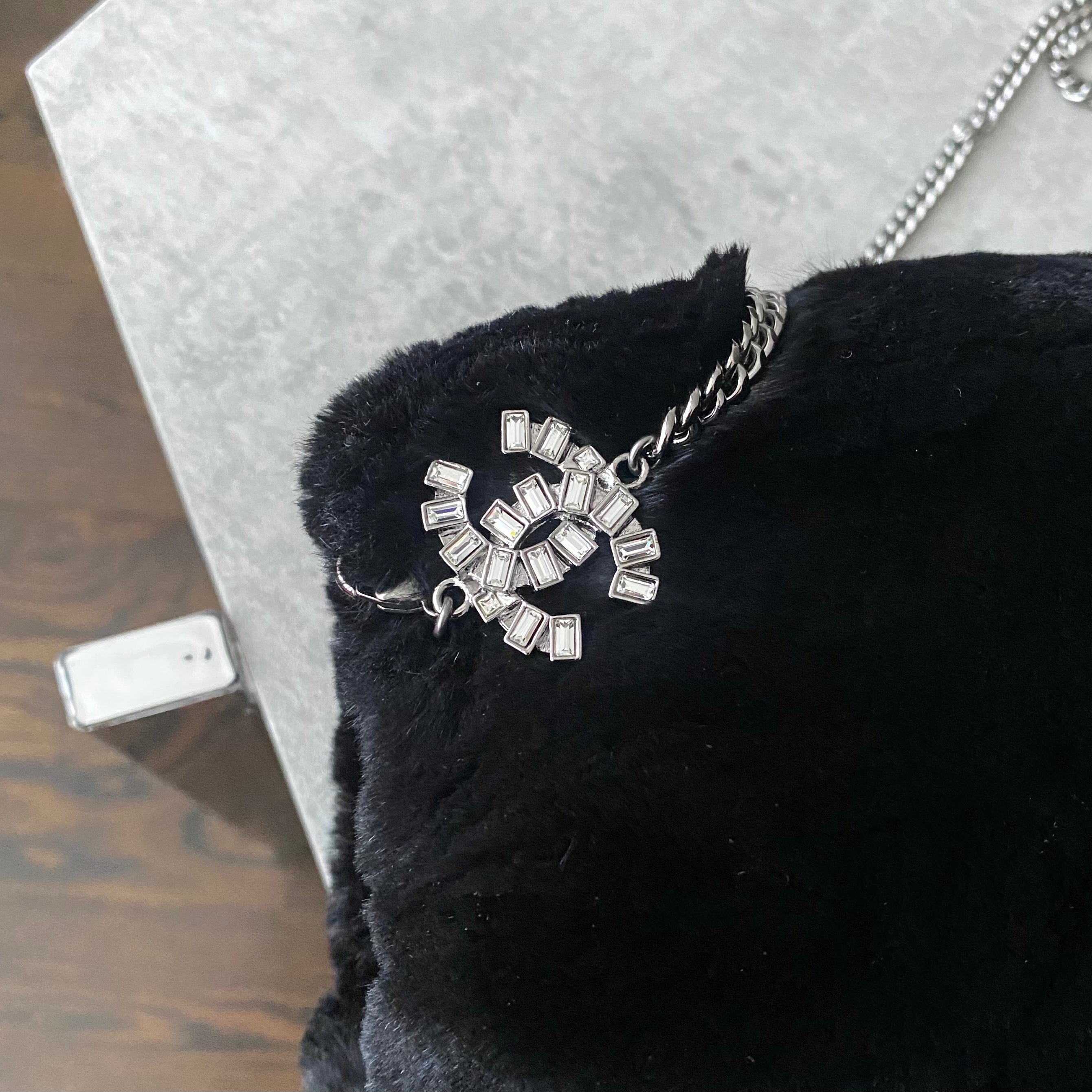 Chanel Black Fur Muff with Crystal CC Chain - Luxury Winter Hand Warmer for Women, Perfect for Cold Weather & Fashion Accessories