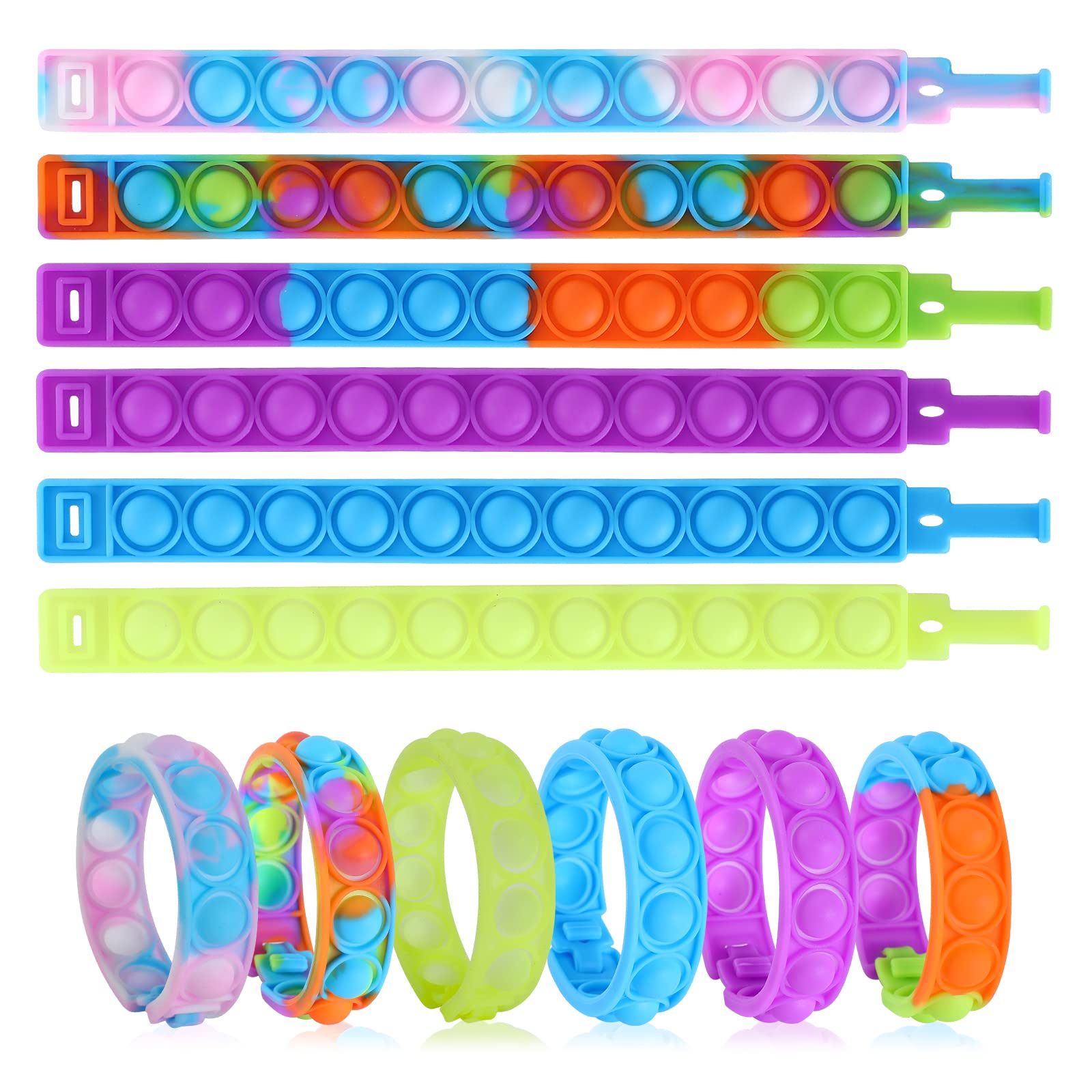 6PCS Pop Fidget Bracelets - Multicolor Adjustable Silicone Sensory Toys for Stress Relief, Push Pop Bubble Fidget Wristbands for Kids & Adults - Perfect for Anxiety Relief, Classroom Focus, and Office Stress Management