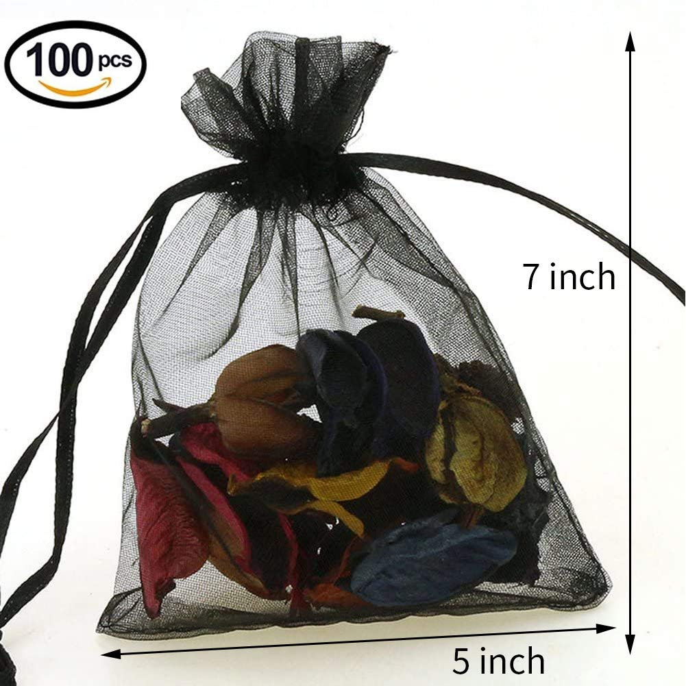 Stratalife 100PCS Black 5x7 Organza Drawstring Bags - Wedding Favor Bags, Jewelry Storage, Party Gift Bags | Perfect for Wedding Favors, Bridal Shower Gifts, Jewelry Packaging & Small Item Organization