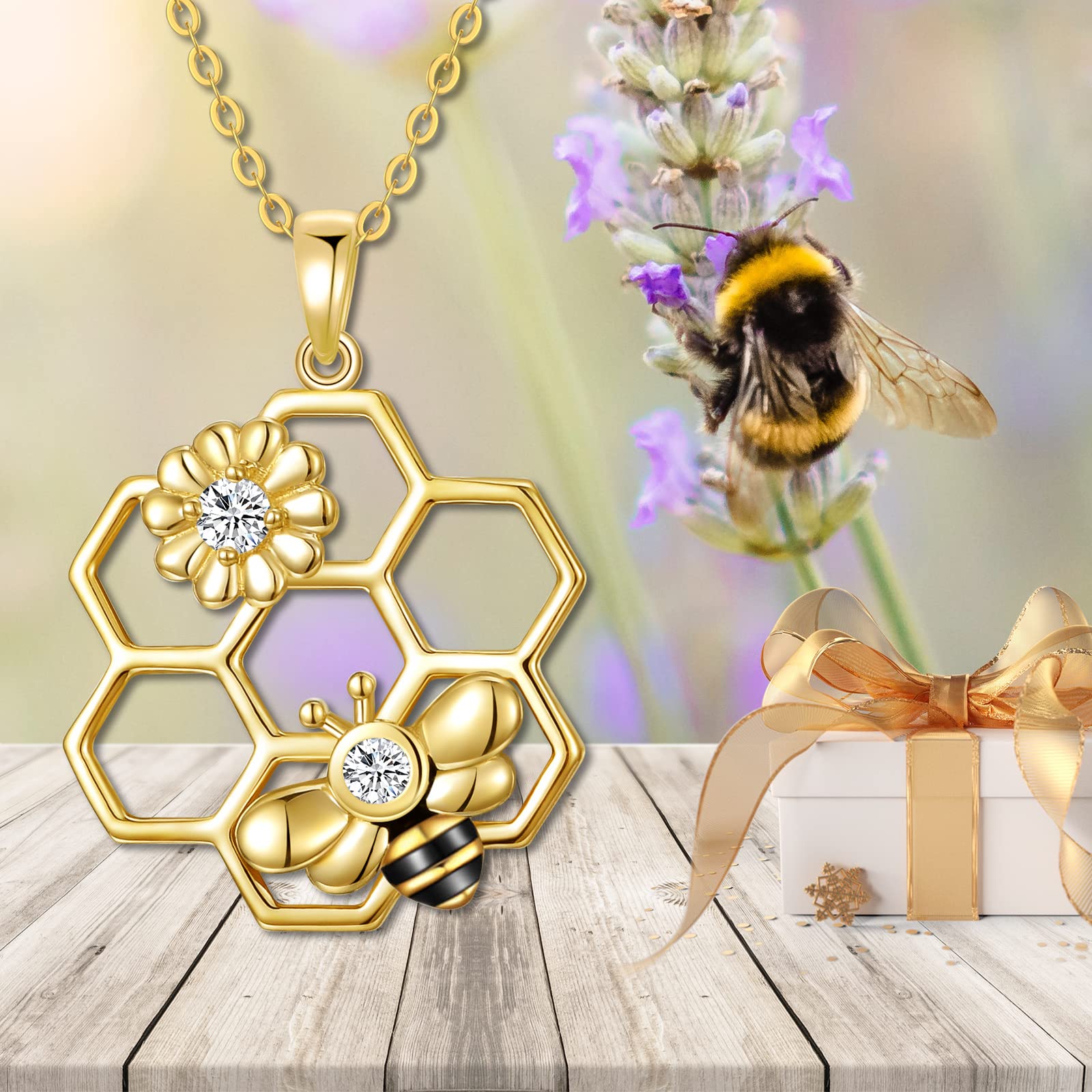 14K Yellow Gold Honey Bee Pendant Necklace for Women - Elegant Honeycomb & Heart Charm Jewelry Gift for Mom, Wife, Her | Perfect for Mother's Day, Anniversary & Romantic Occasions