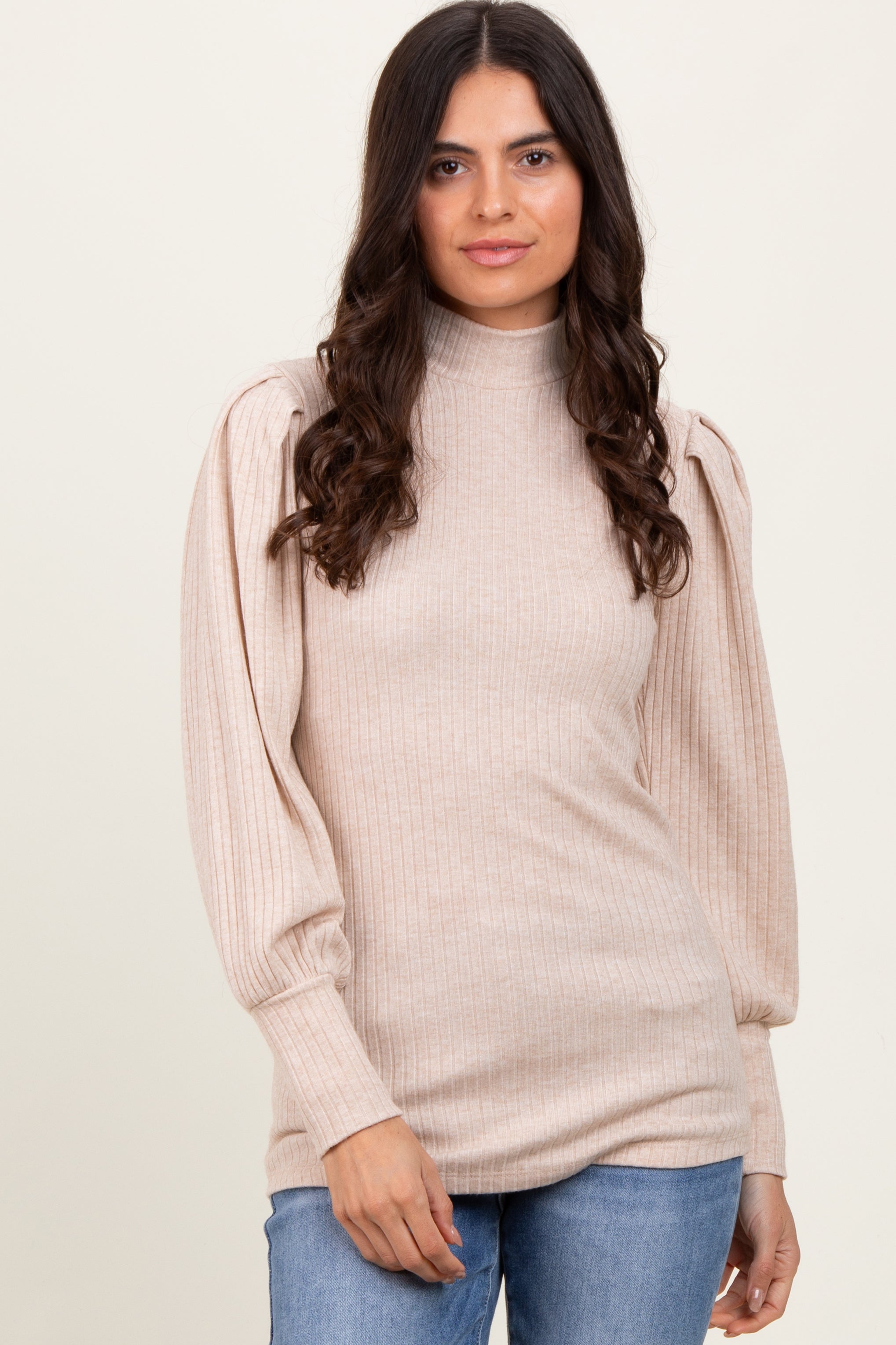 Beige Ribbed Mock Neck Bubble Sleeve Maternity Top for Pregnancy - Comfortable Stretchy Nursing Shirt for Moms, Perfect for Work, Dates & Everyday Wear