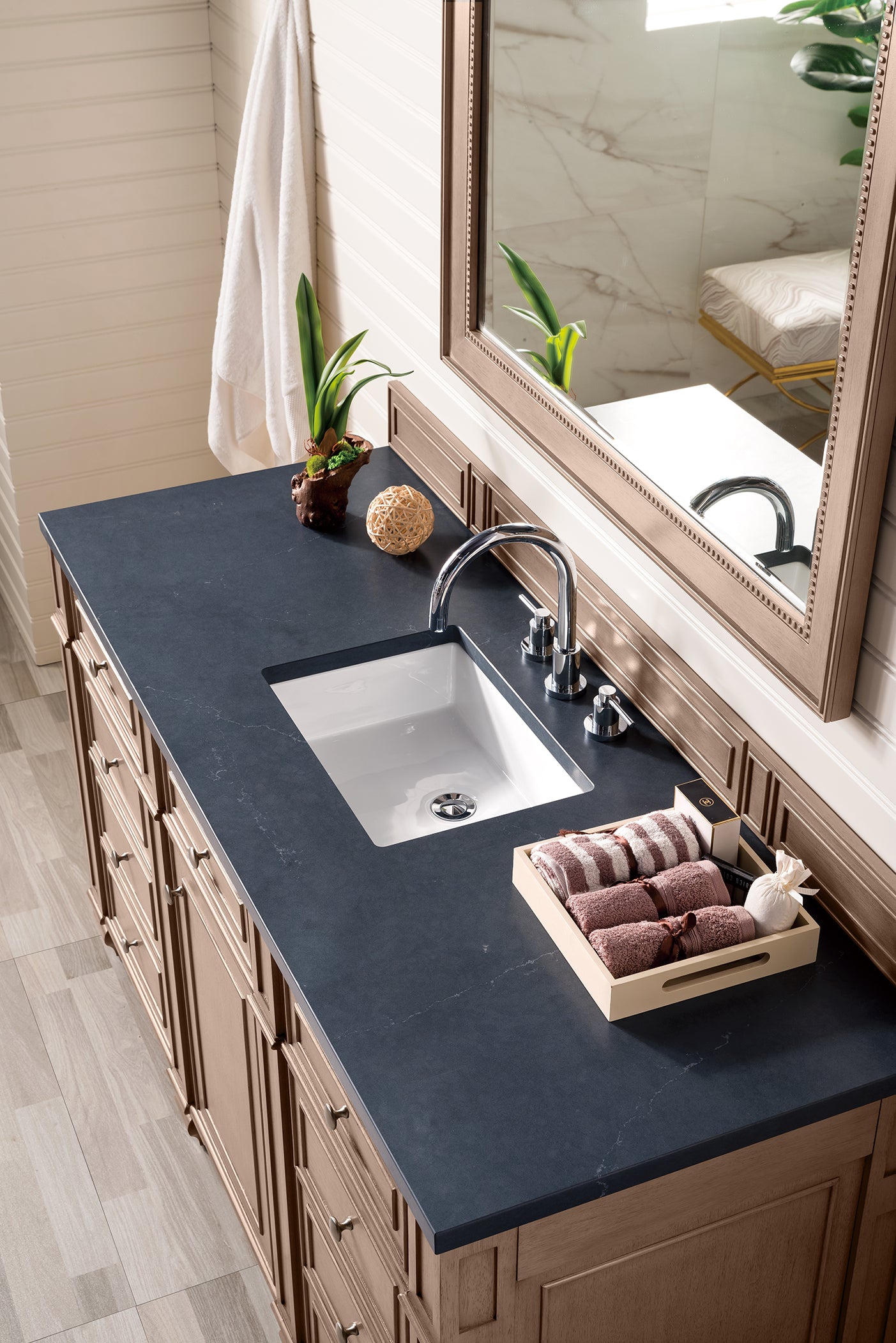 Bristol 60 Inch Single Bathroom Vanity in Whitewashed Walnut with 3CM Charcoal Soapstone Quartz Top - Modern Farmhouse Sink Cabinet for Bathroom Remodel & Home Upgrade