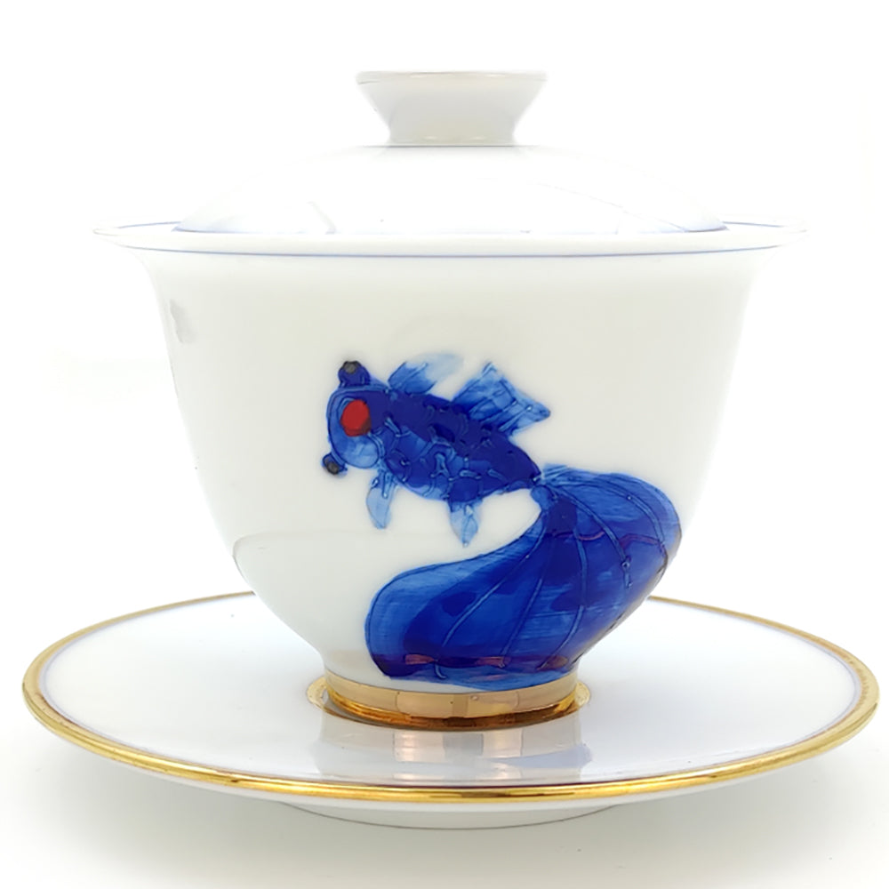 Premium Suet Jade Porcelain Blue and White Goldfish Gaiwan - Traditional Chinese Tea Set for Gongfu Tea Ceremony, Perfect for Home Brewing and Gift Giving