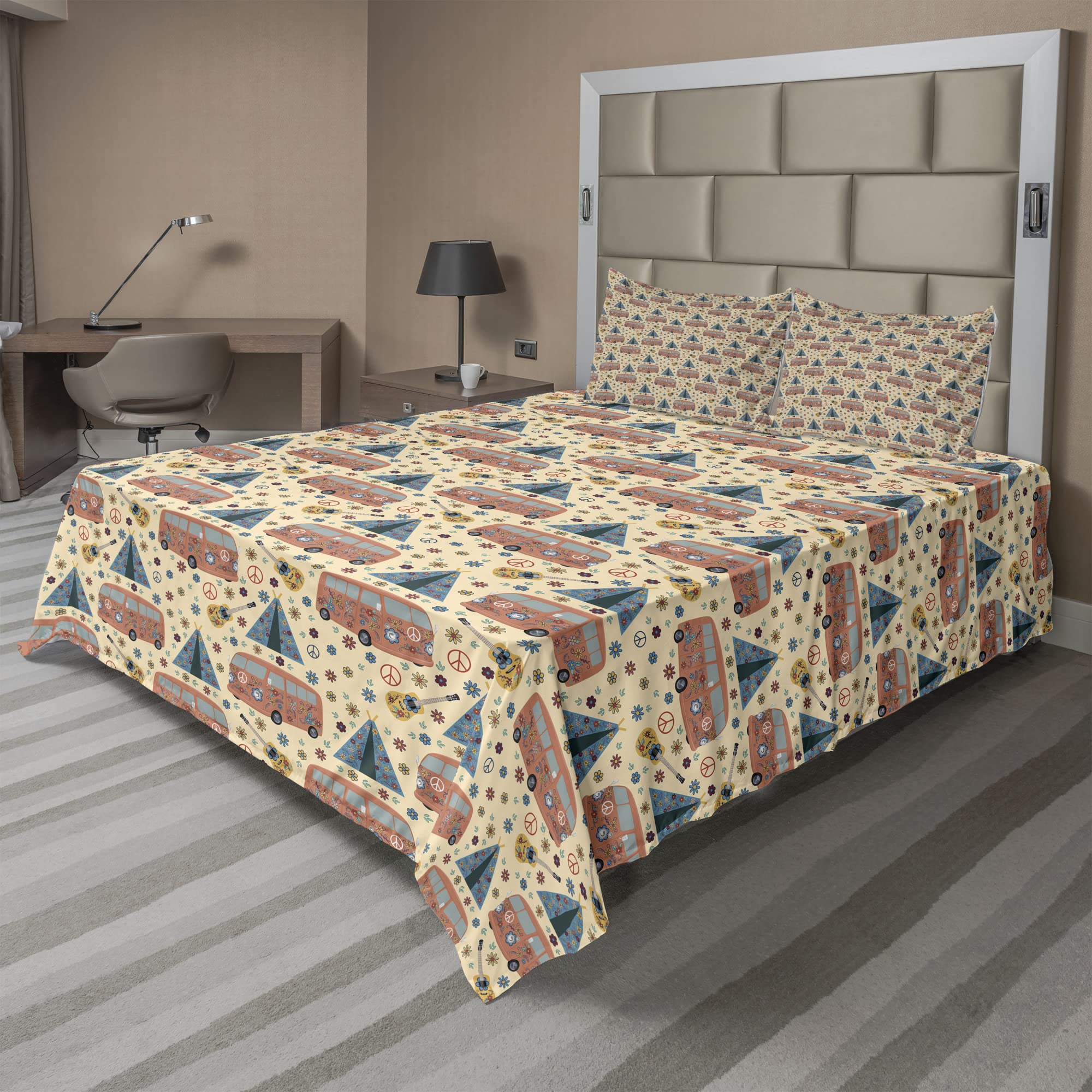 Ambesonne Retro 4-Piece Sheet Set - Hippie Van, Guitar & Tent Floral Freedom Design, Fitted & Flat Sheets with Pillowcases, Dark Salmon & Slate Blue | Bohemian Bedroom Decor for Guest Rooms, Dorms & Vintage-Themed Spaces