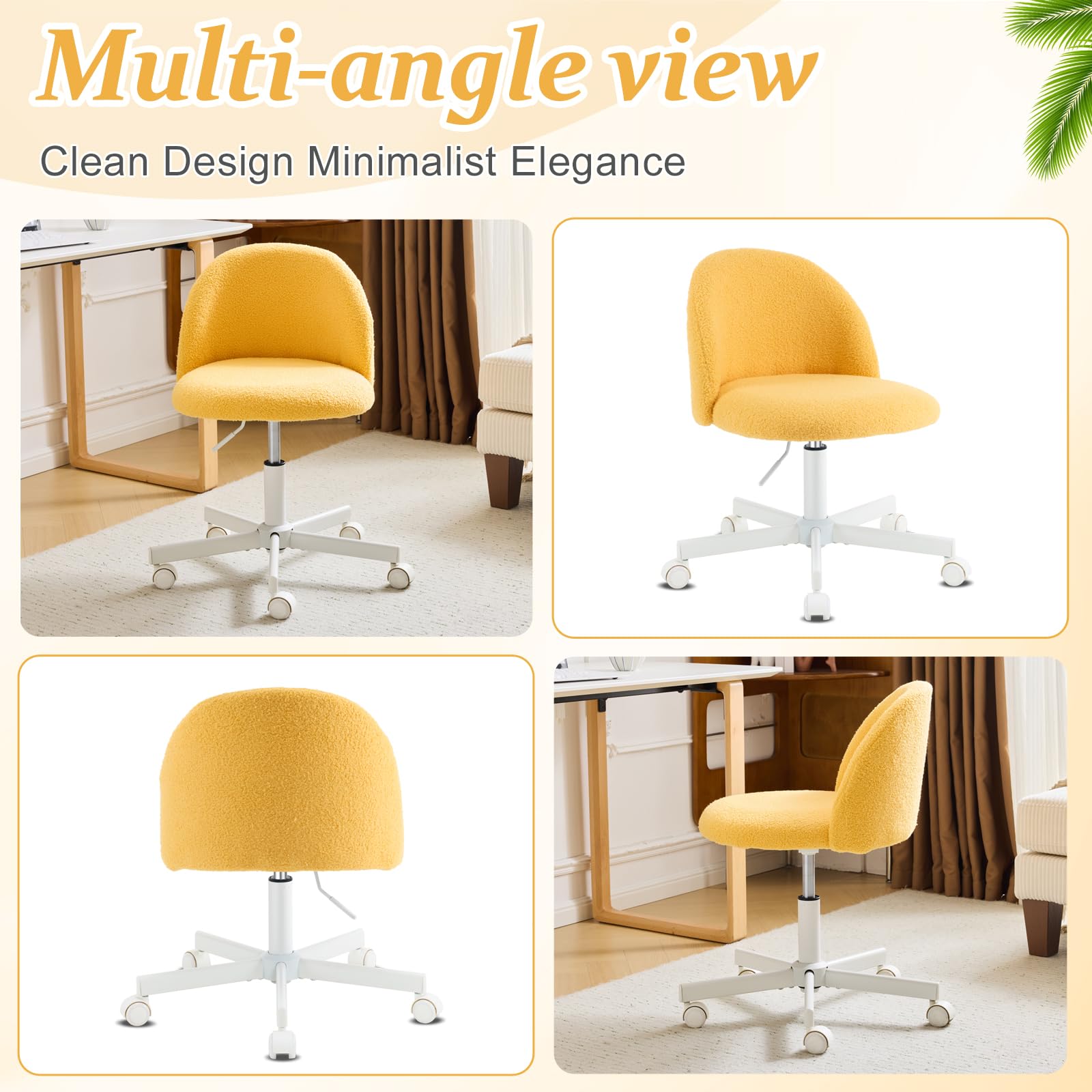 VINGLI Adjustable Swivel Office Chair with Wheels - Cute Armless Desk Chair for Home Office, Bedroom & Vanity - Ergonomic Lumbar Support, Rolling Computer Task Chair in Sunny Egg Yellow - Perfect for Small Spaces & Cozy Workspaces