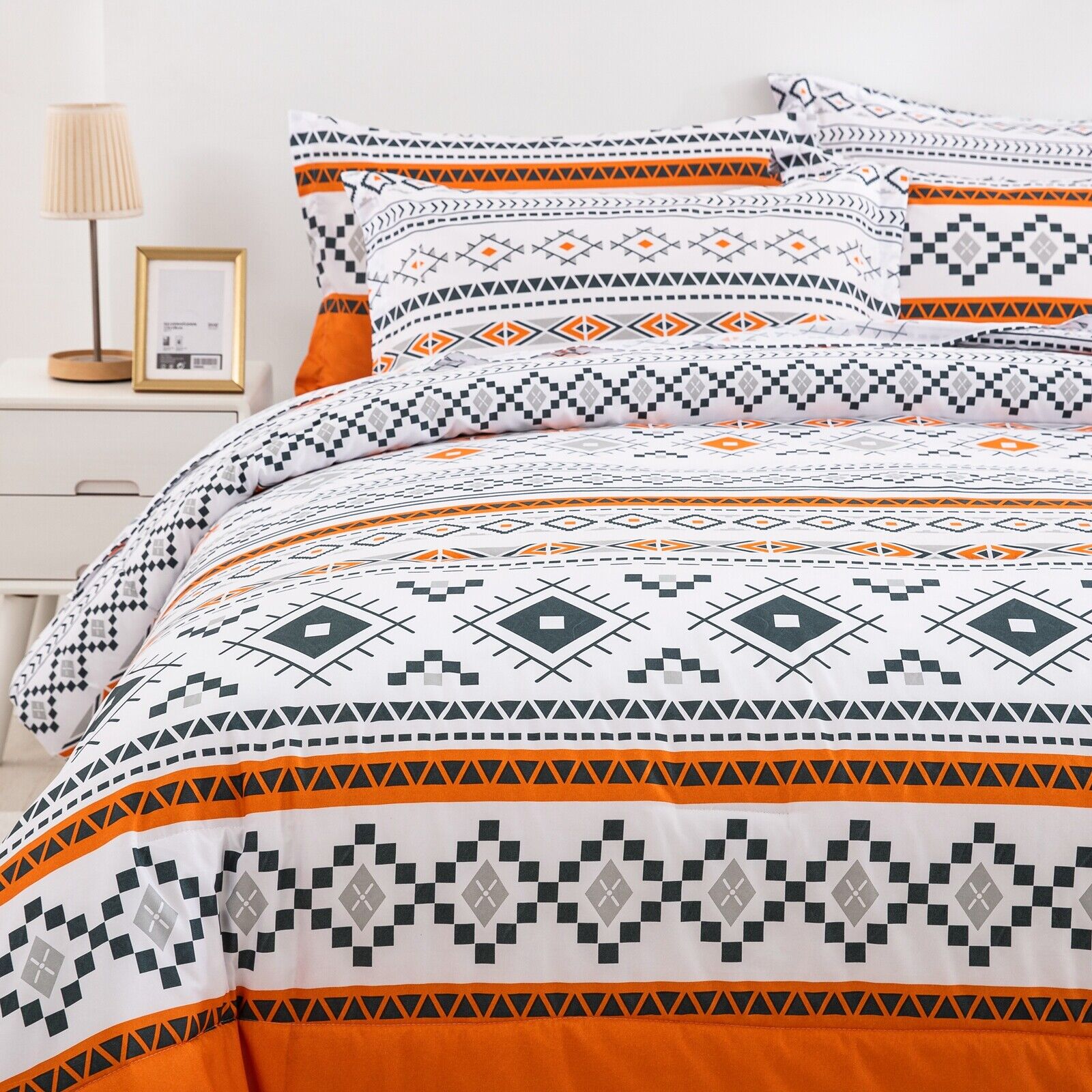 Boho Comforter Set Queen Size - Reversible Orange Geometric 3-Piece Bedding Collection for Cozy Bedroom Decor & Bohemian Style Home