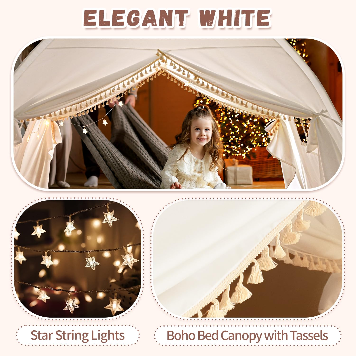 **Bohemian Tassel Twin Bed Tent for Kids – Indoor Privacy Canopy for Girls & Boys, White Play Tent for Dreamy Sleep & Play | Perfect for Bedrooms, Sleepovers & Imaginative Play**