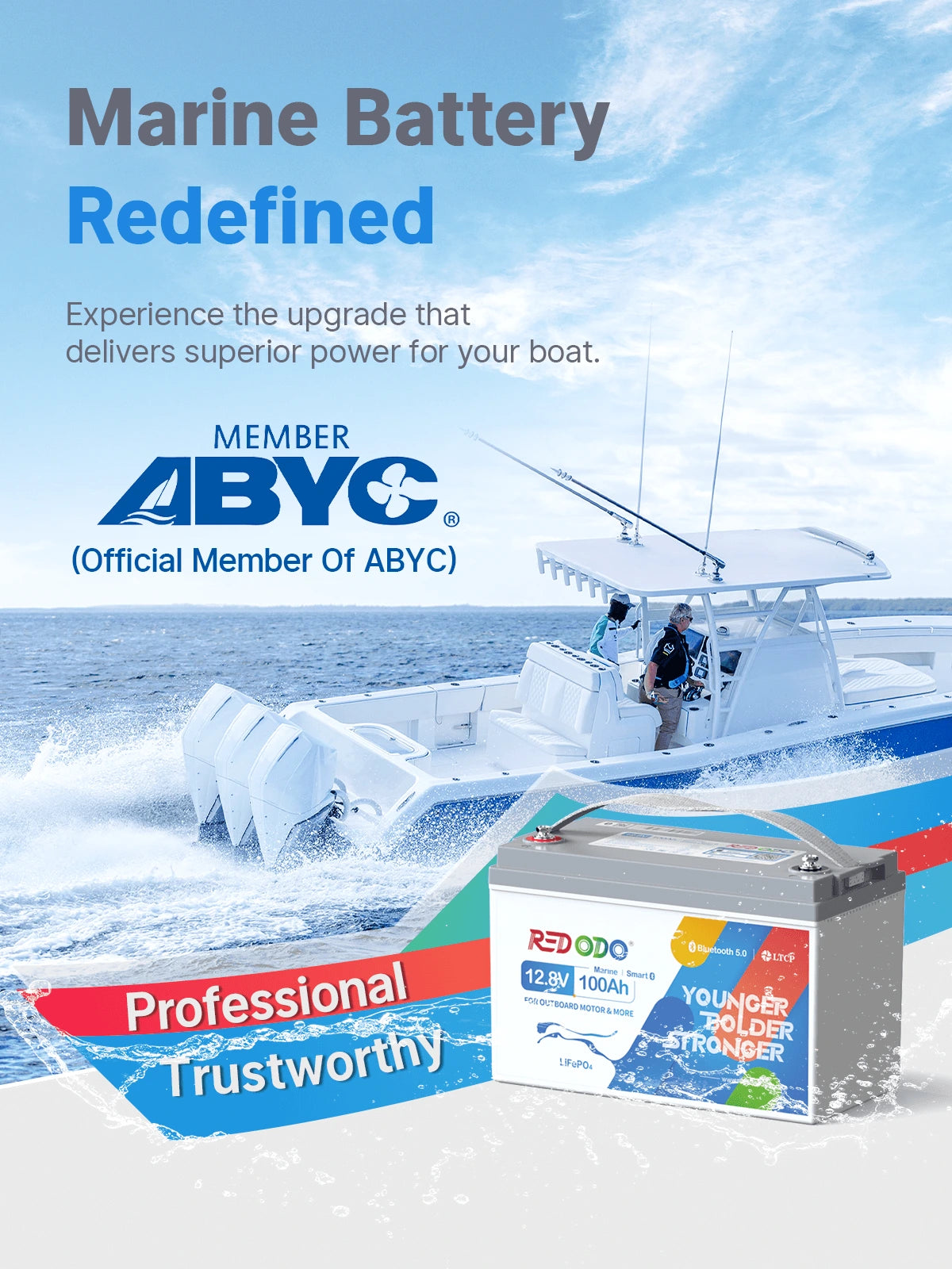 Redodo 12V 100Ah Plus Bluetooth Marine Deep Cycle Battery - Rechargeable Lithium Battery for Boats, Trolling Motors, RV, Solar Power - Perfect for Fishing, Camping & Off-Grid Adventures