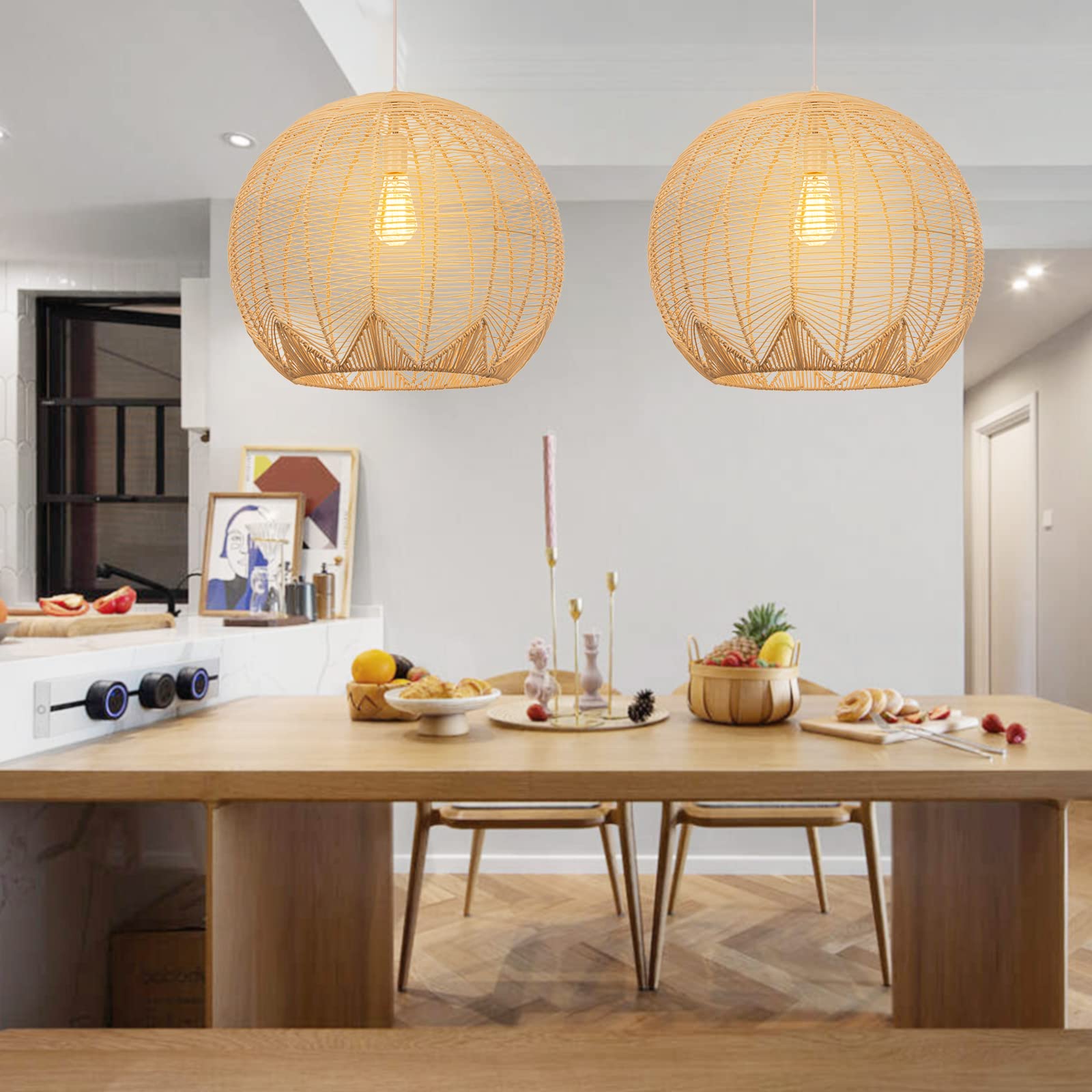 WalmHomie Handwoven Rattan Pendant Light - Natural Wicker Chandelier for Kitchen Island, Dining Room & Coffee Bar | Boho Ceiling Hanging Fixture for Farmhouse & Modern Decor