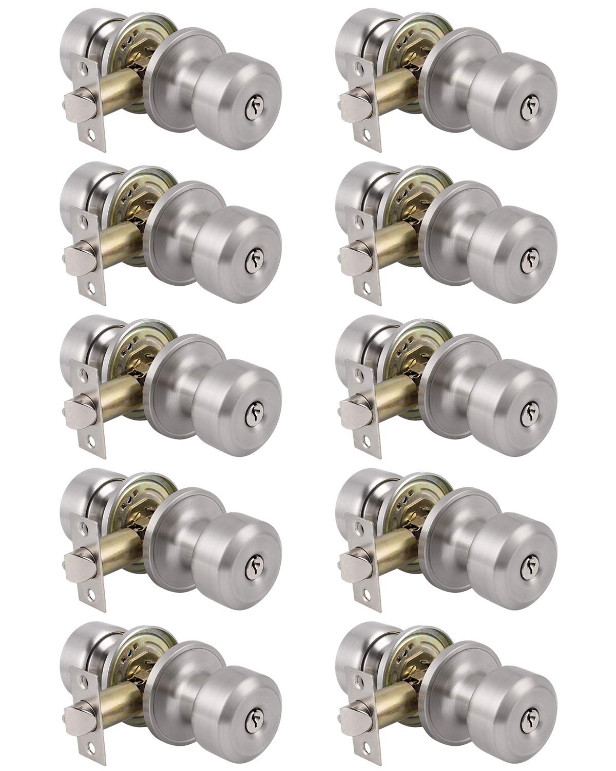 Probrico 10 Pack Keyed Alike Door Lockset - Brushed Nickel Flat Door Knobs Combo with 3 Keys, Universal Left/Right Handed Stainless Steel Lock for Home, Office & Apartment Security
