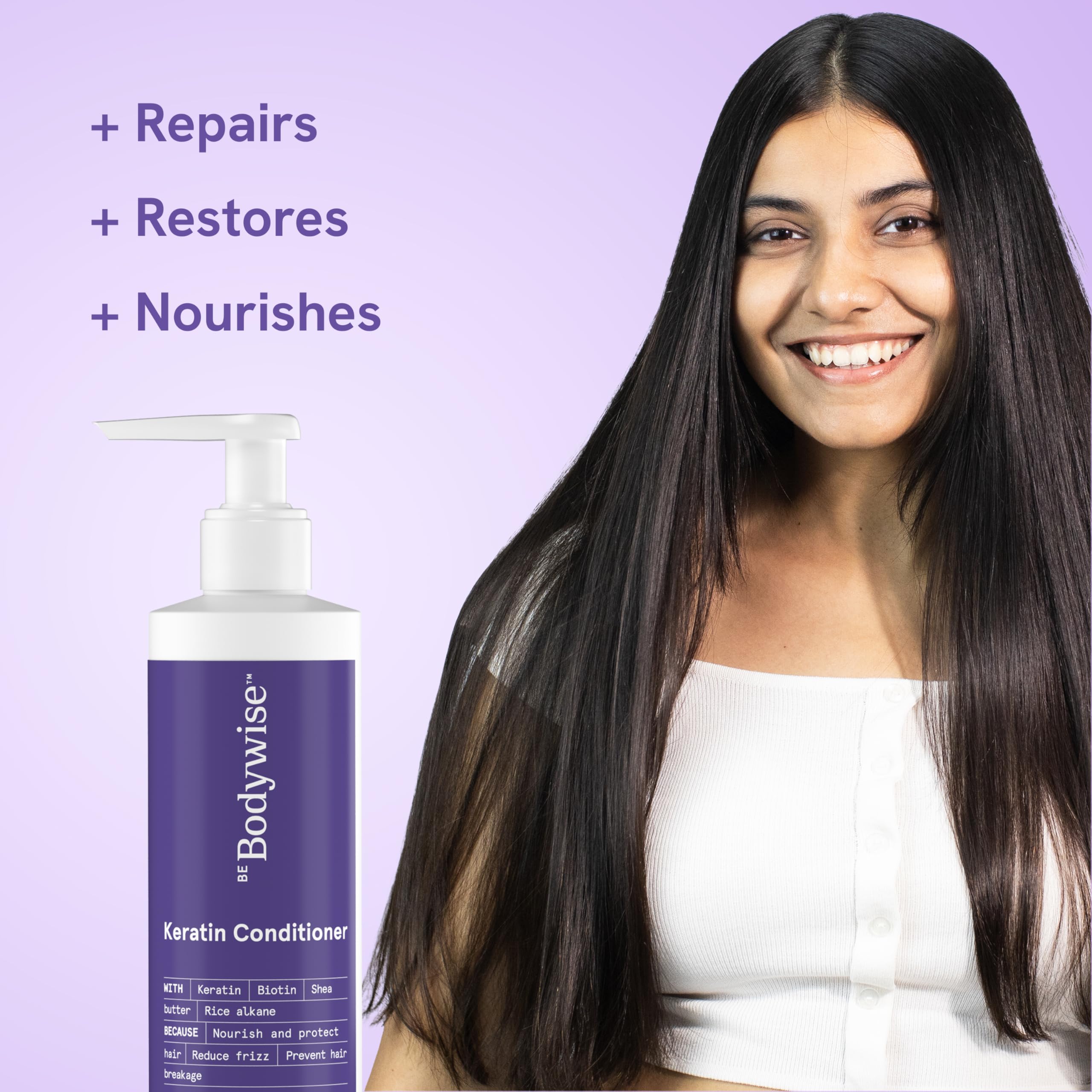 Bodywise Keratin Conditioner for Frizz Control & Moisture Lock - Paraben & SLS Free with Keratin, Silk Protein, Biotin & Shea Butter - 200ml - Perfect for Dry, Damaged Hair & Daily Hydration