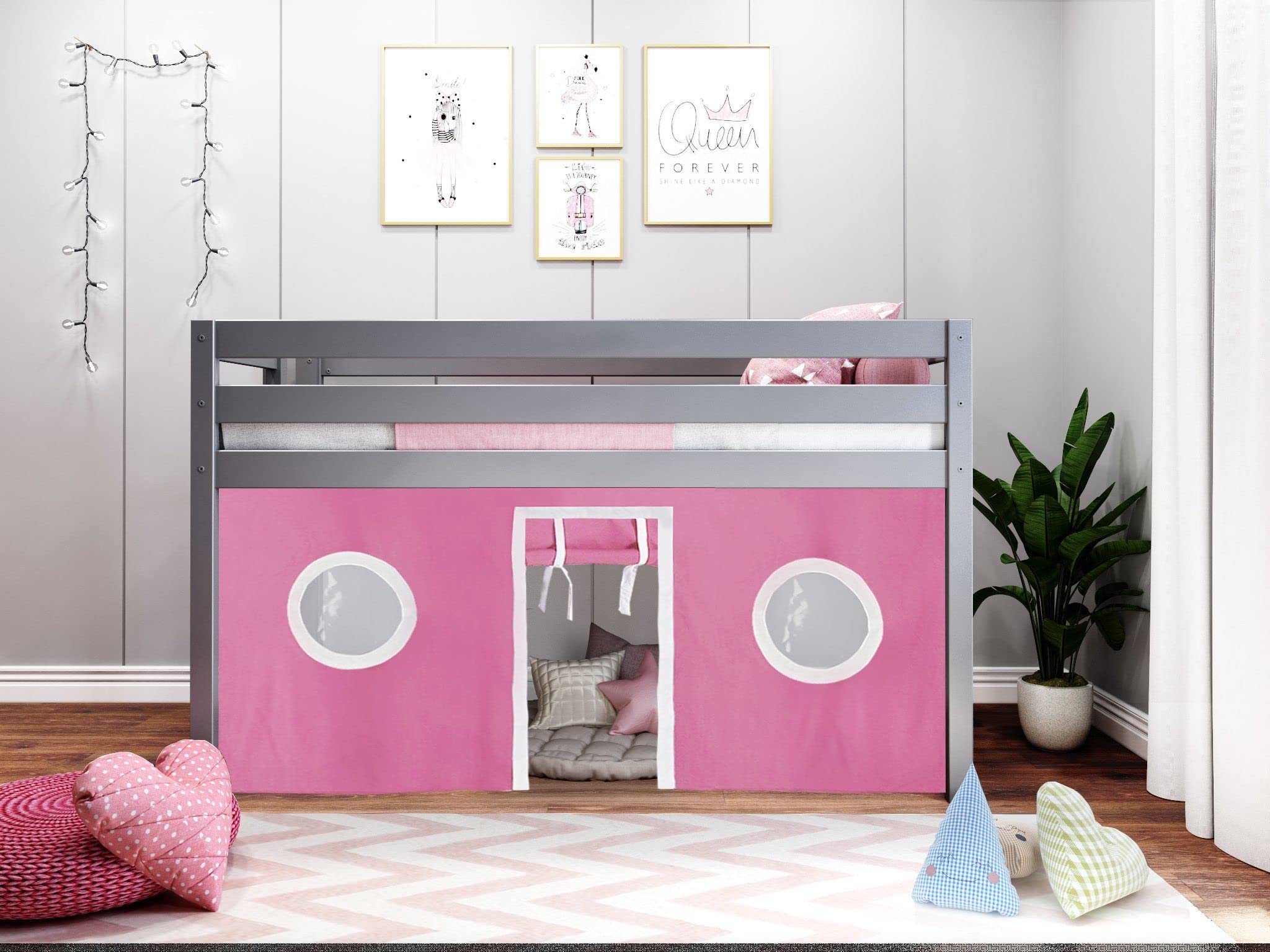 Modern Low Loft Twin Bed with End Ladder - Gray & Pink White Tent for Kids & Teens - Perfect for Small Bedrooms, Sleepovers & Playrooms