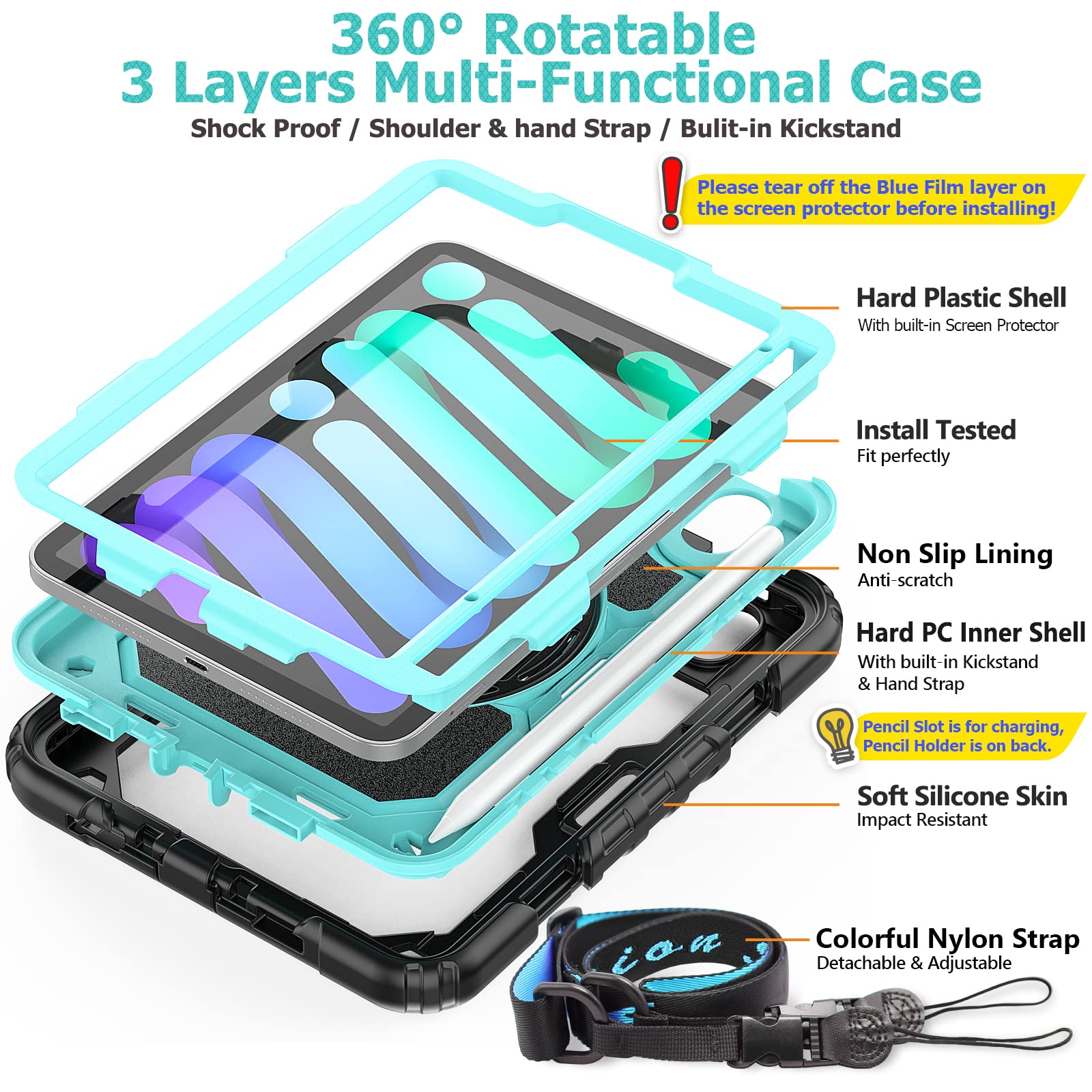 SEYMAC 360 Rotating Stand Case with Hand Strap & Pencil Holder for iPad Mini 7 (2024, A17 Pro) & iPad Mini 6 (8.3 Inch) - Shockproof Protective Cover with Screen Protector, Sky Blue & Black - Perfect for Work, Travel, and Creative Drawing