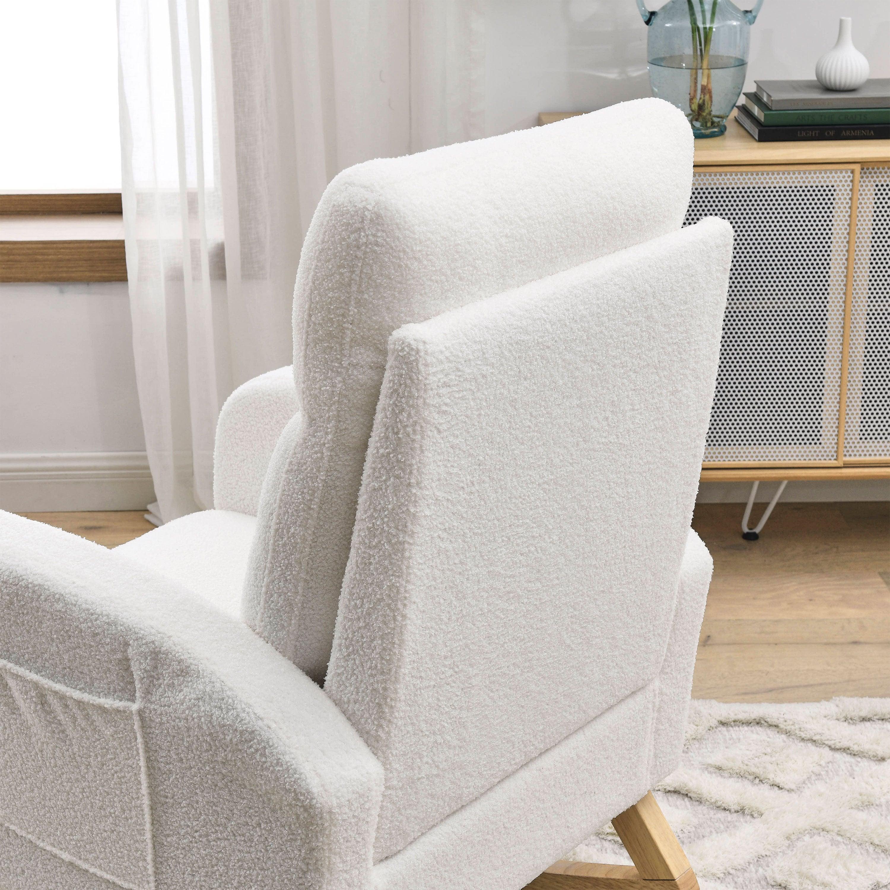 27.6W Modern Accent High Backrest Rocking Chair with Side Pockets - Teddy White (Ivory) - Perfect for Living Room, Lounge, Nursery & Reading Nook
