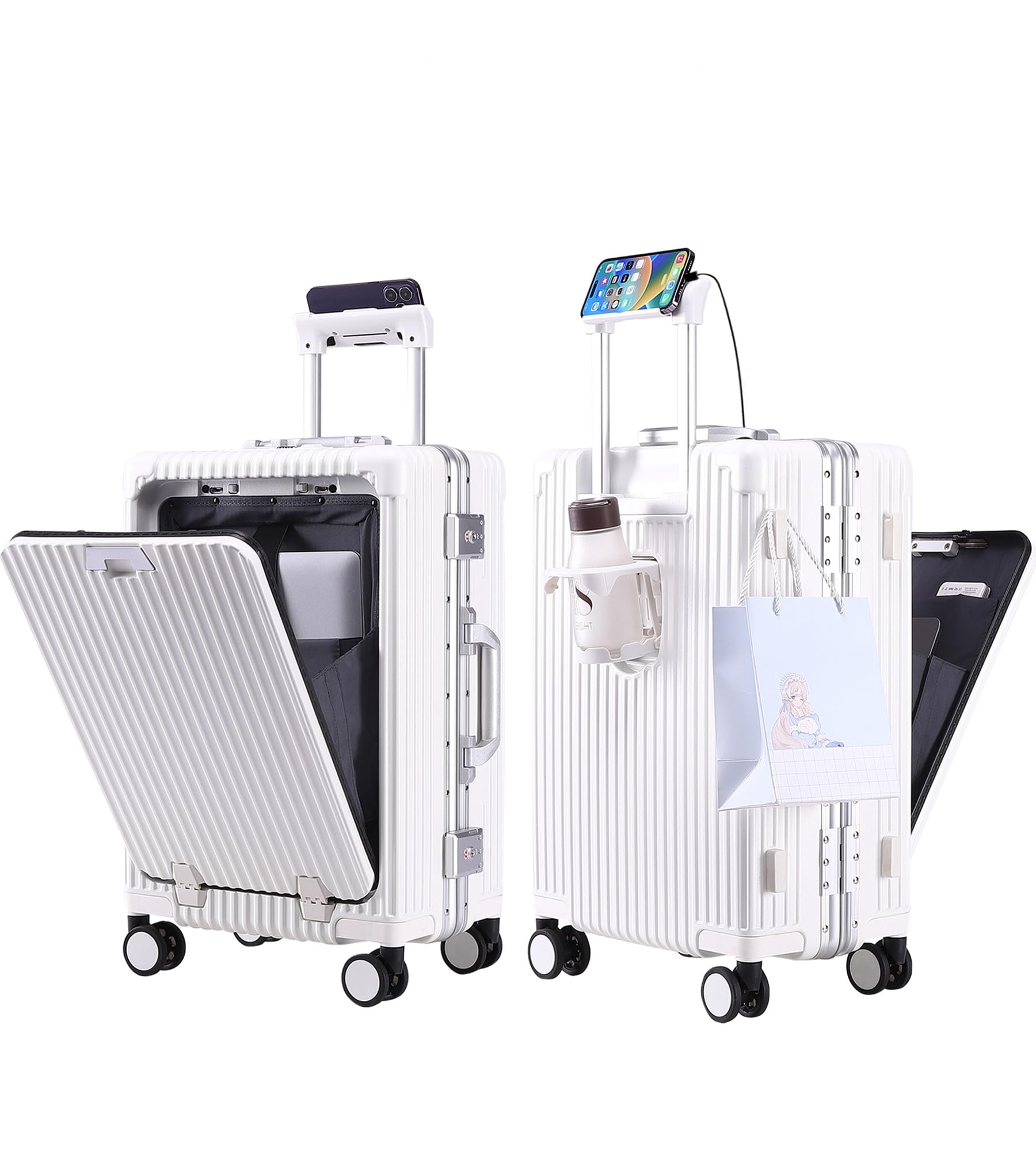 Feilario 20-Inch Aluminum Frame Hardside Spinner Wheel Carry-On Luggage with TSA Lock, USB Charging Port, Cup Holder & Phone Holder - Perfect for Air Travel, Business Trips & Weekend Getaways