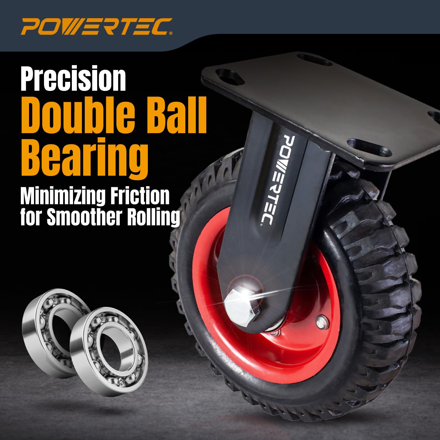 POWERTEC 6 Inch Heavy Duty Caster Wheels Set of 4 (2 Swivel & 2 Fixed) - Large Rubber Knobby Tread Casters for Workbench, Dolly, Cart, Trolley, Wagon, Chicken Coop - Ideal for Workshop, Garage, Warehouse & Industrial Use (17054V)