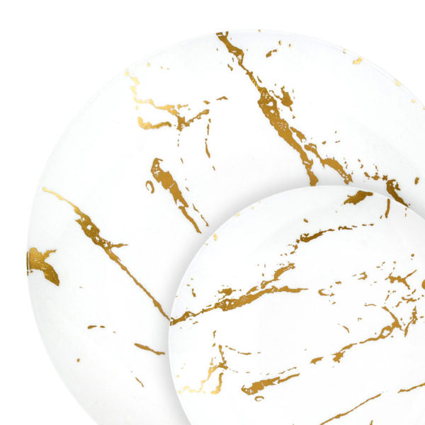 32-Piece White and Gold Round Plastic Dinnerware Set - Elegant Disposable Plates, Bowls, Cups & Utensils (16 Servings) for Parties, Weddings, Picnics & Outdoor Events