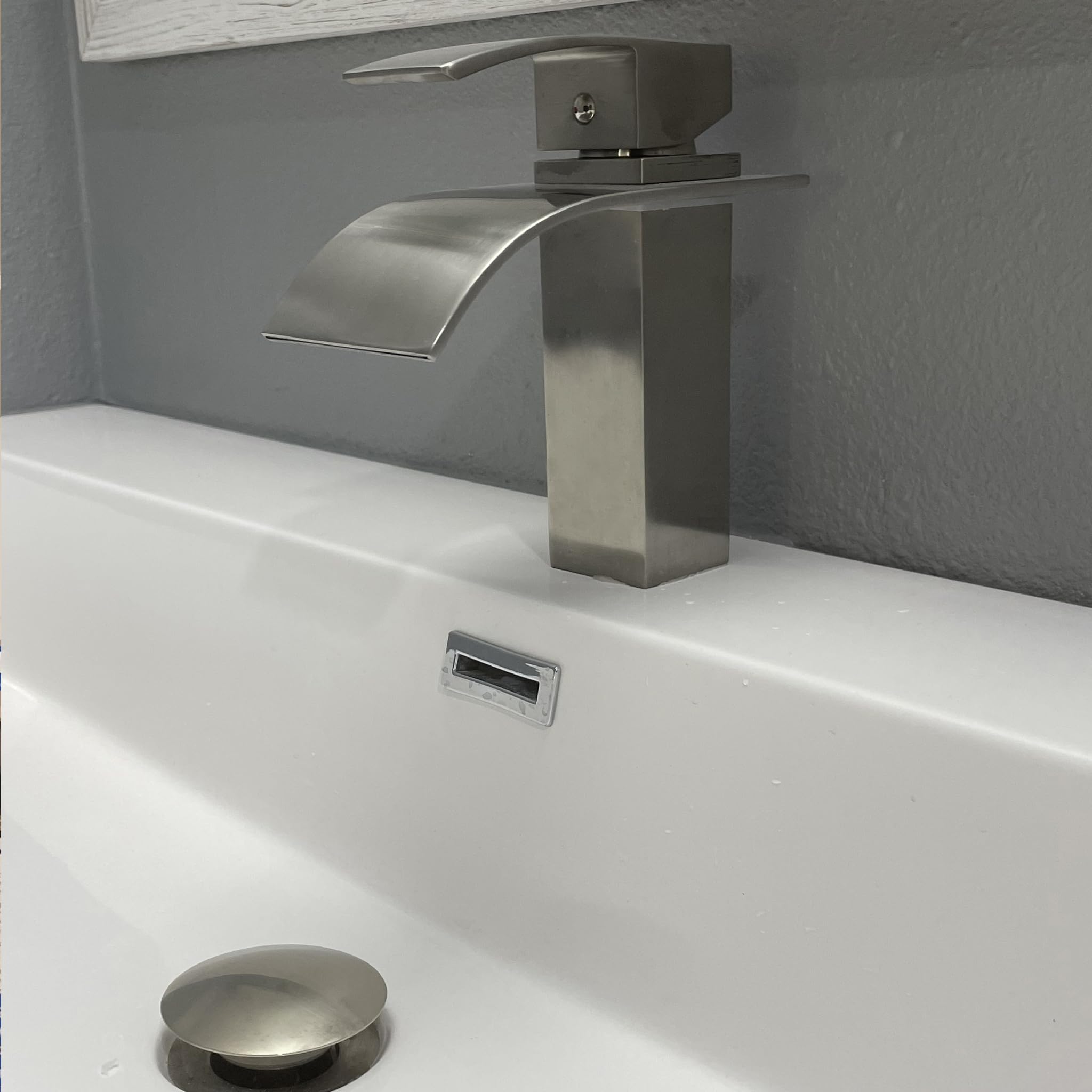 Novatto GF-136SBN Brushed Nickel Bathroom Sink Faucet - Modern Waterfall Spout Design for Vanity, Powder Room & Guest Bath Installation
