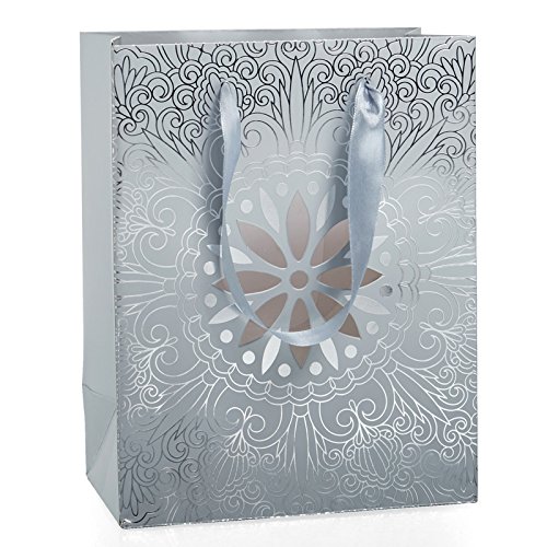 Elegant Silver Rustic Pearl Christmas Gift Bags with Handles - Set of 12 Medium Holiday Present Bags with Medallion Cutouts | Perfect for Holiday Wrapping, Party Favors & Gift Exchanges