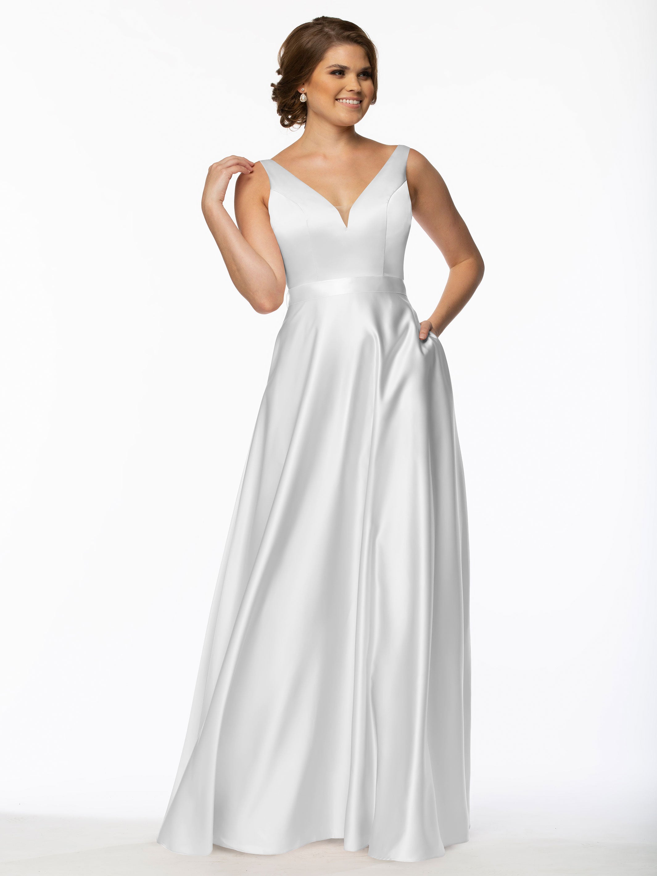 Elegant 80118 Satin A-Line Bridesmaid Dress with V-Neckline & Waist Sash - Perfect for Weddings, Formal Events & Special Occasions