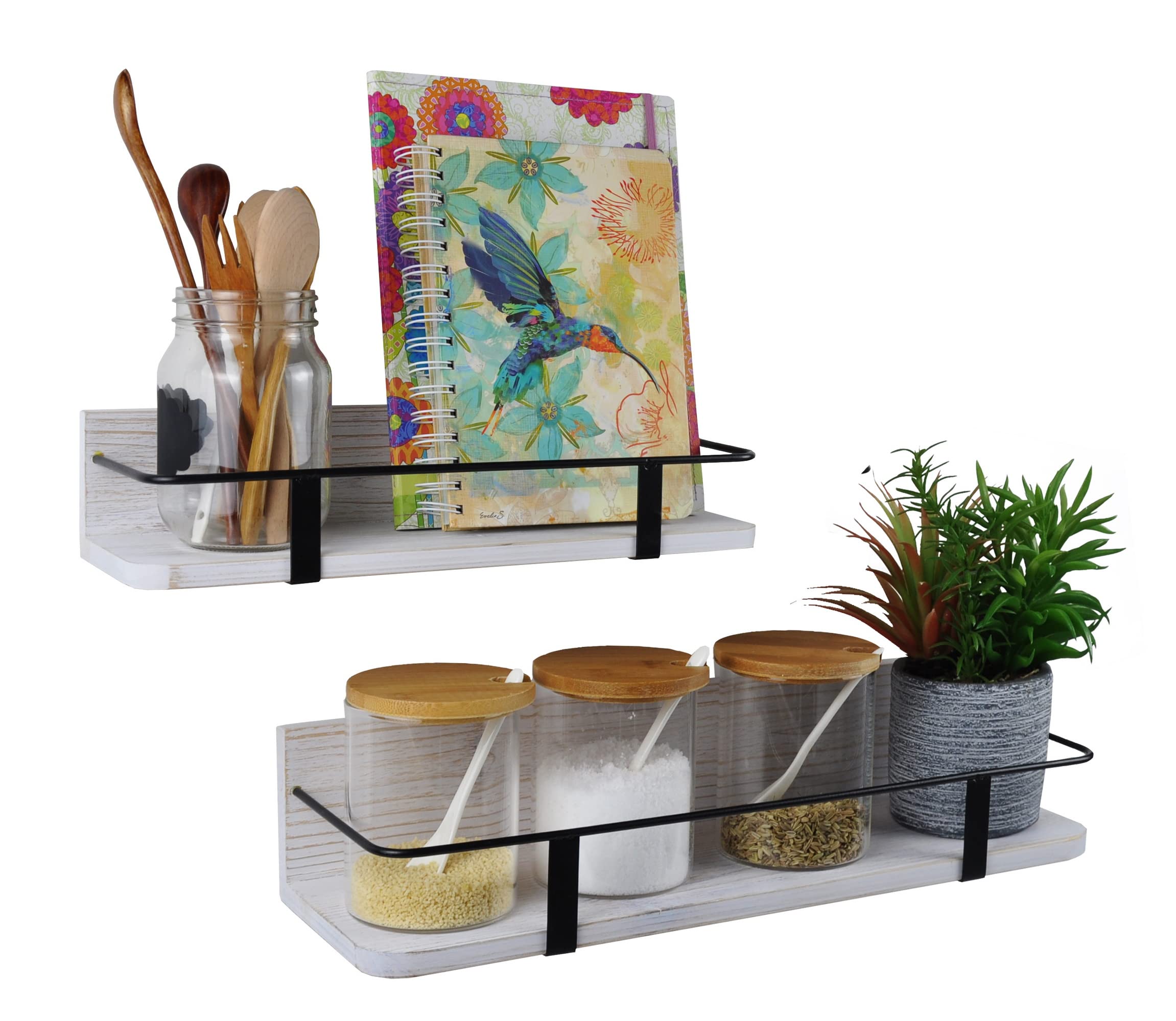 Spiretro Floating RV Shelves Set of 2 - Rustic Wood with Metal Rail (Large & Small) - White Wall Mounted Storage for Bathroom, Living Room, Bedroom & Kitchen - Perfect for RV, Tiny Homes & Small Space Organization