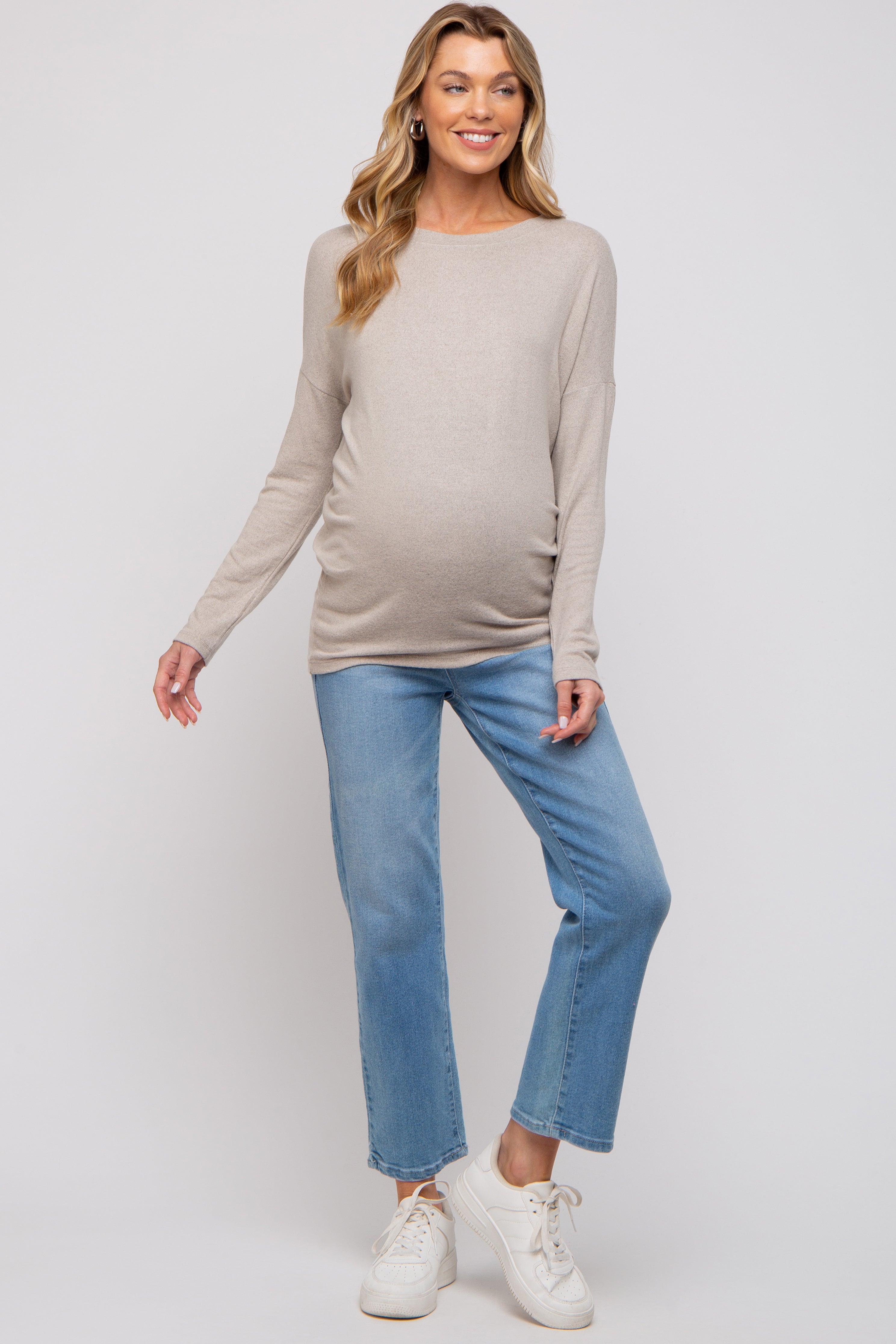 Soft Beige Knit Long Sleeve Maternity Top for Pregnant Women - Comfortable Stretchy Pregnancy Shirt for Everyday Wear & Maternity Photos