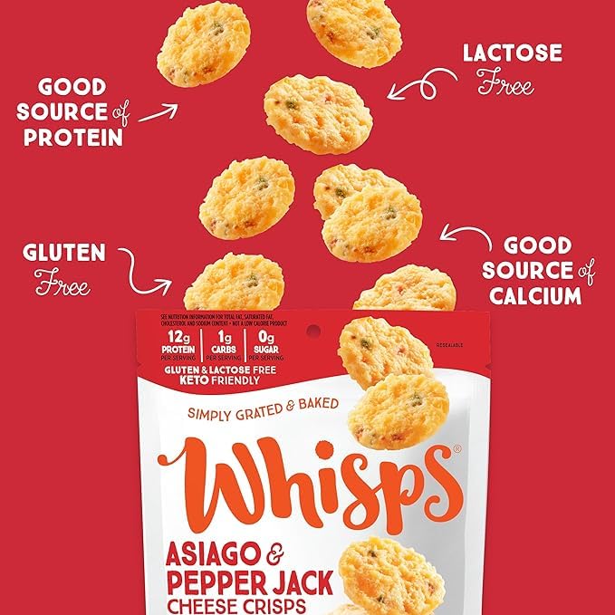 Whisps Cheese Crisps Asiago & Pepper Jack - High Protein, Low Carb Keto Snacks | Gluten Free, Healthy Protein Chips for Weight Loss & Fitness | Perfect for On-the-Go, Office, School & Keto Diet (2.12 Oz, 6 Pack)