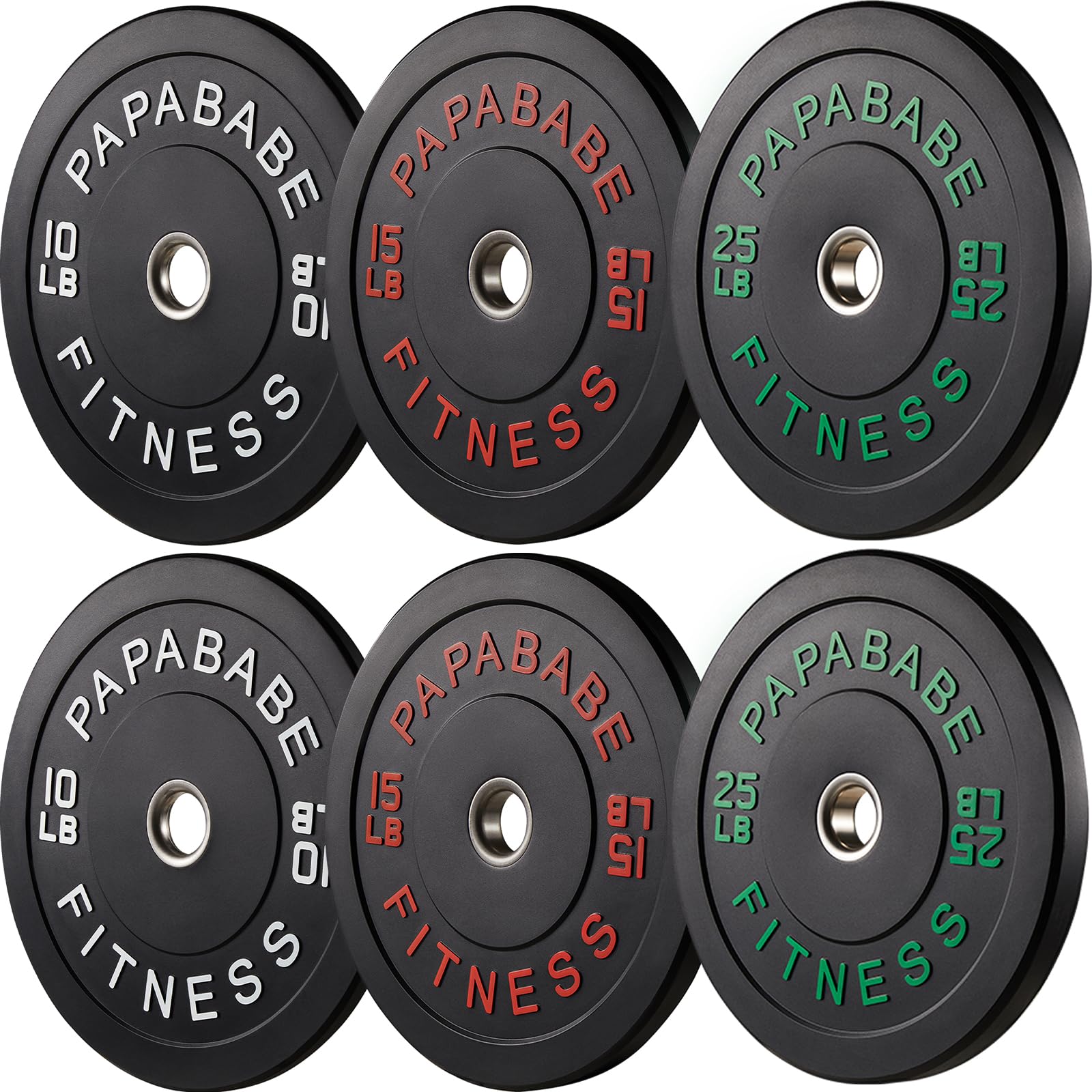 Papababe Olympic Bumper Plates 10-410lb Set - 2 Inch Steel Hub Rubber Weight Plates for CrossFit, Powerlifting & Strength Training (IWF Standard, Single/Pair/Full Sets) - Perfect for Home Gym, Commercial Fitness Centers & Weightlifting Competitions