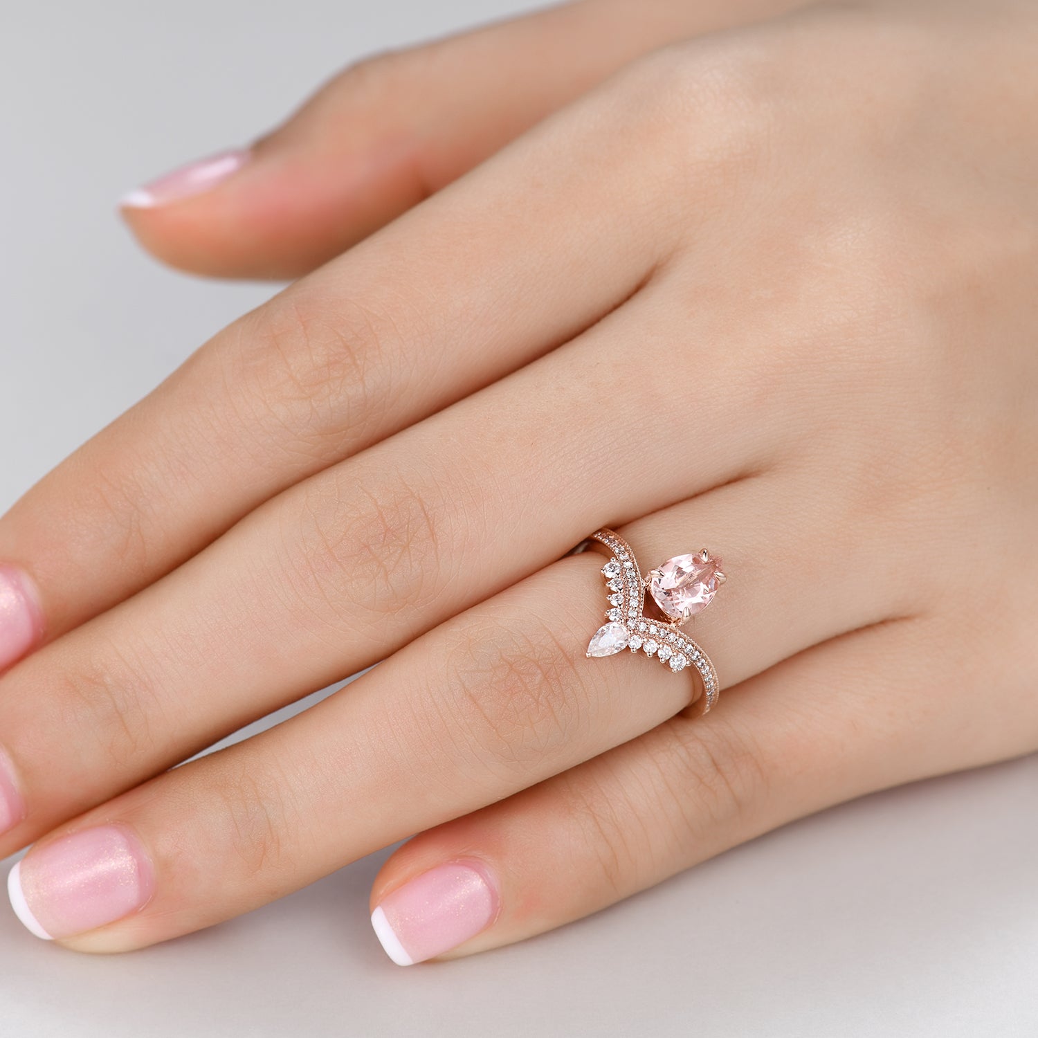 Morganite and Moissanite Teardrop Bridal Ring Set with Curved Chevron Band - Unique Crown Design for Engagement, Wedding, Anniversary Gift - Perfect for Proposals, Bridal Jewelry, and Special Occasions