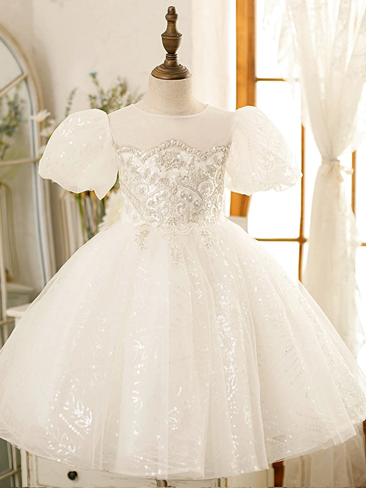 White Princess Round Tea Length Tulle Flower Girl Dress - Perfect for Weddings, Birthday Parties & Special Occasions