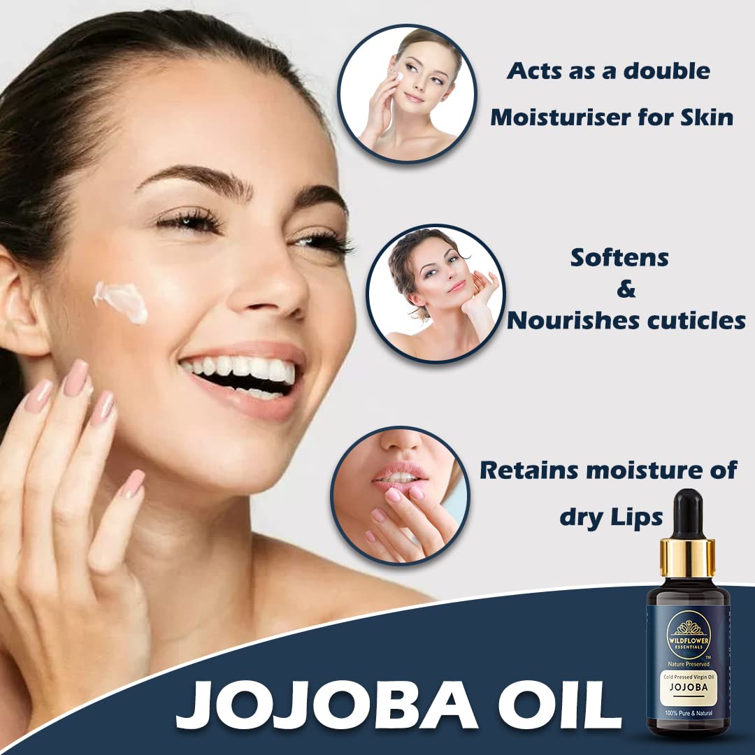 Wildflower Essentials Cold Pressed Jojoba Oil - Lightweight Nourishing Moisturizer for Face, Hair & Body - All Skin Types - Natural Lip Balm, Makeup Remover & Cuticle Treatment (30ml) - Perfect for Daily Skincare Routine & DIY Beauty Recipes