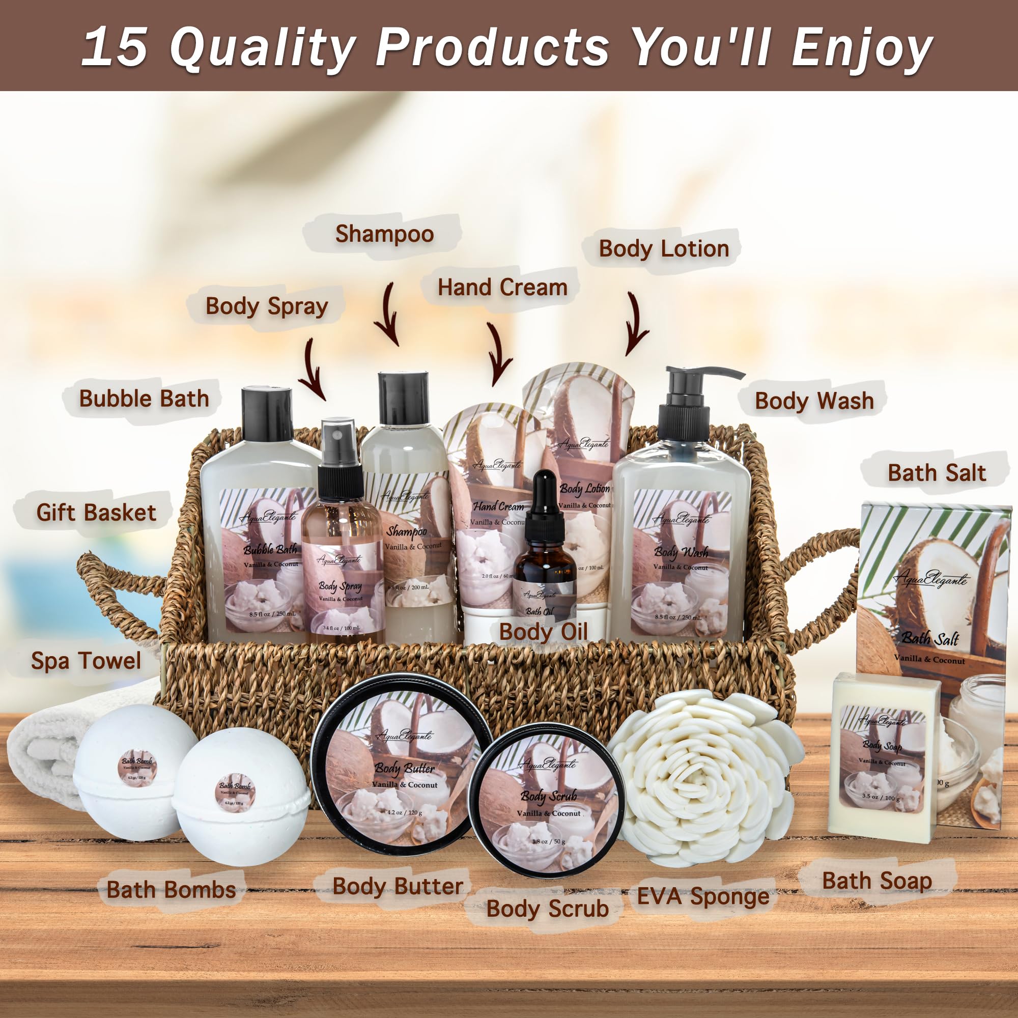 Luxury Bath & Spa Gift Set with Coconut Vanilla Scent - Includes Bubble Bath, Body Wash, Lotion, Bath Salts, Scrub, Bath Bombs, Soap & Towel - Perfect for Relaxation, Self Care & Romantic Gifts
