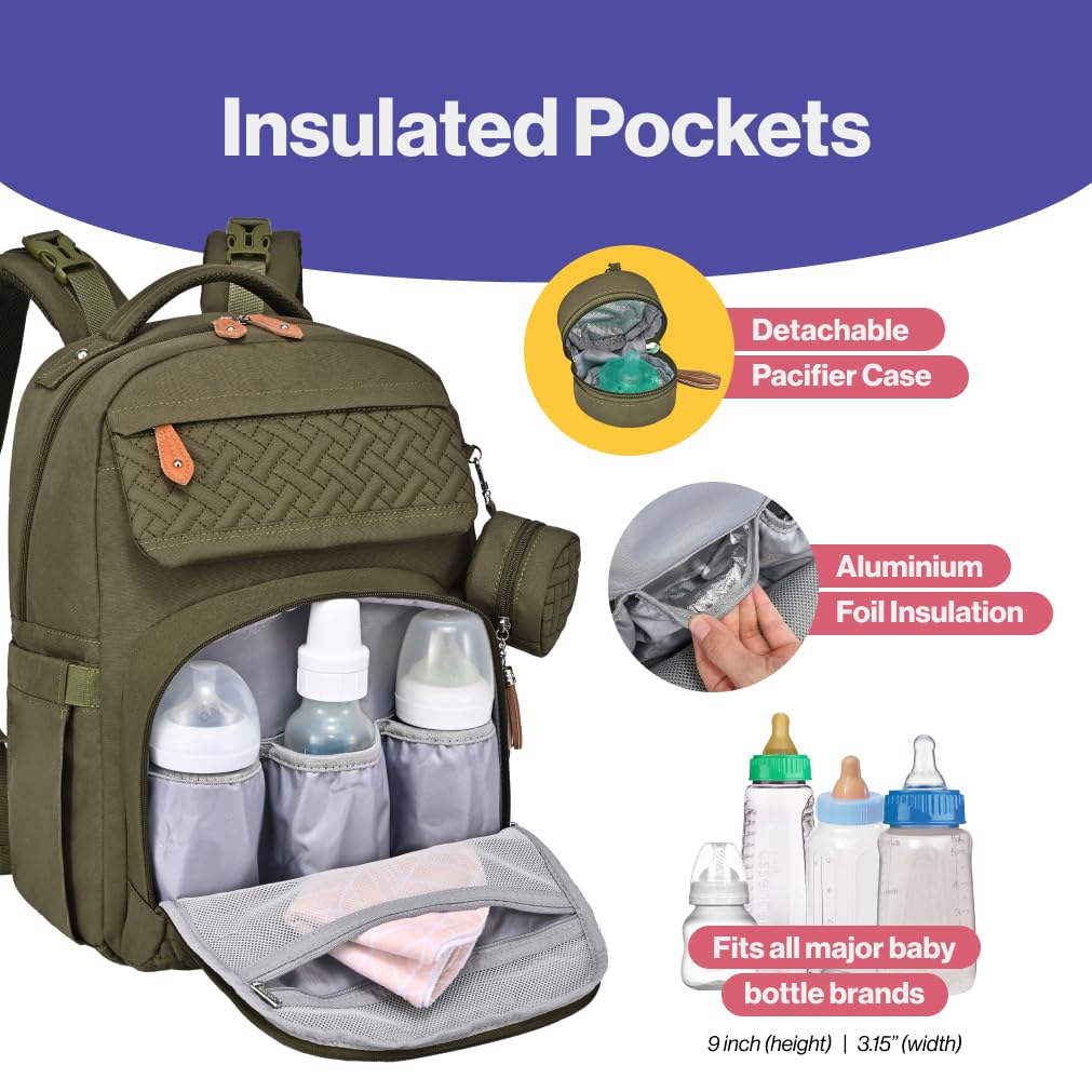 BabbleRoo Multifunctional Waterproof Diaper Backpack for Parents - Unisex Baby Travel Bag with Changing Pad, Pacifier Case & Stroller Straps (Army Green) | Perfect for Daycare, Air Travel & Family Outings