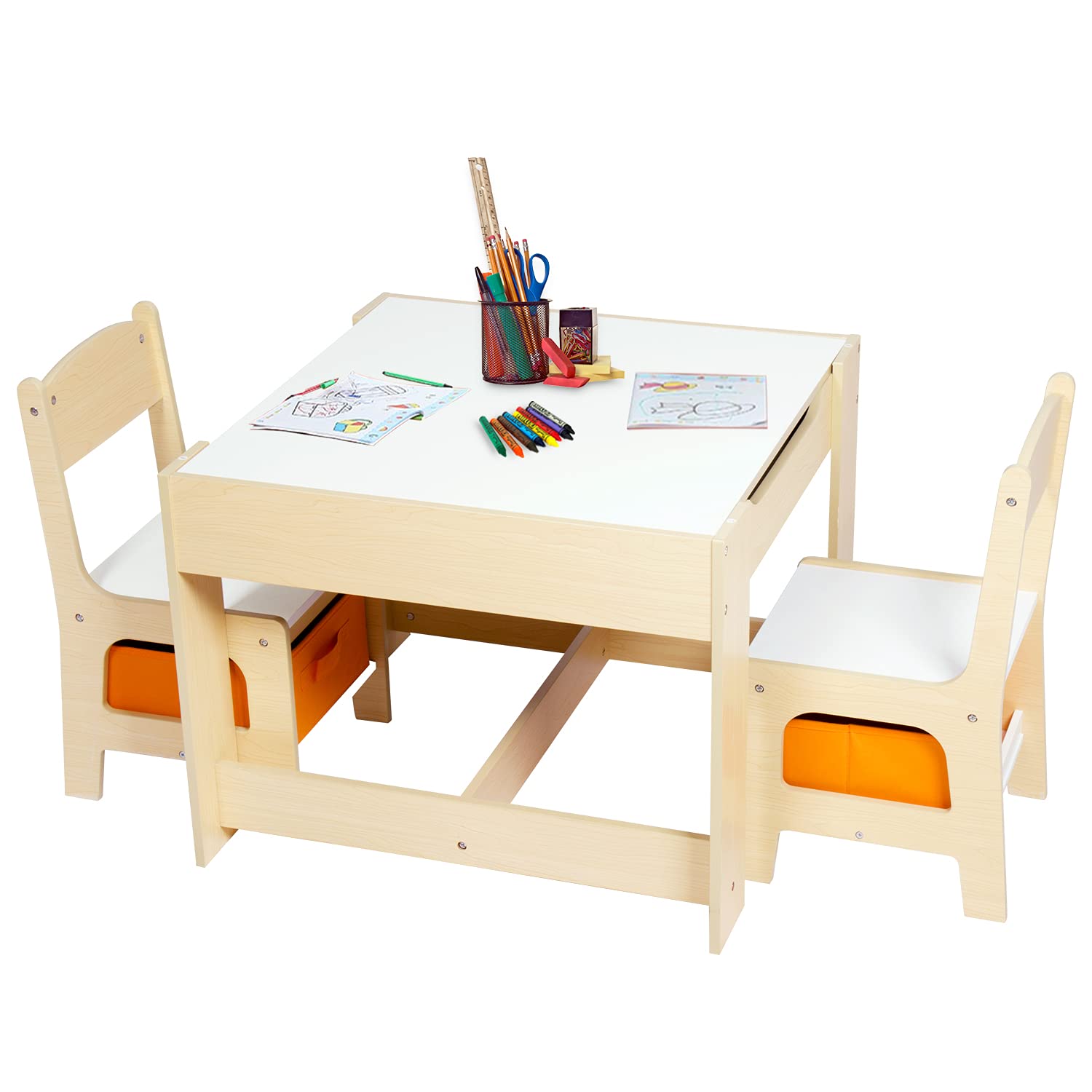 Kinbor 3-in-1 Kids Activity Table and Chairs Set with Detachable Blackboard & Storage Drawer - Perfect for Arts & Crafts, Snack Time, Homework - Durable Children's Study Desk for Playroom, Classroom, or Bedroom (Orange)
