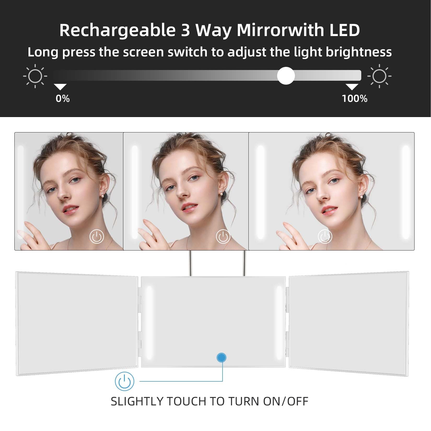 Essbhach 3-Way Adjustable LED Mirror - 360° Rotating Vanity & Barber Mirror for Women & Men, Height-Adjustable Wall Mount with Hooks - Perfect for Salon, Bathroom & Home Makeup Station