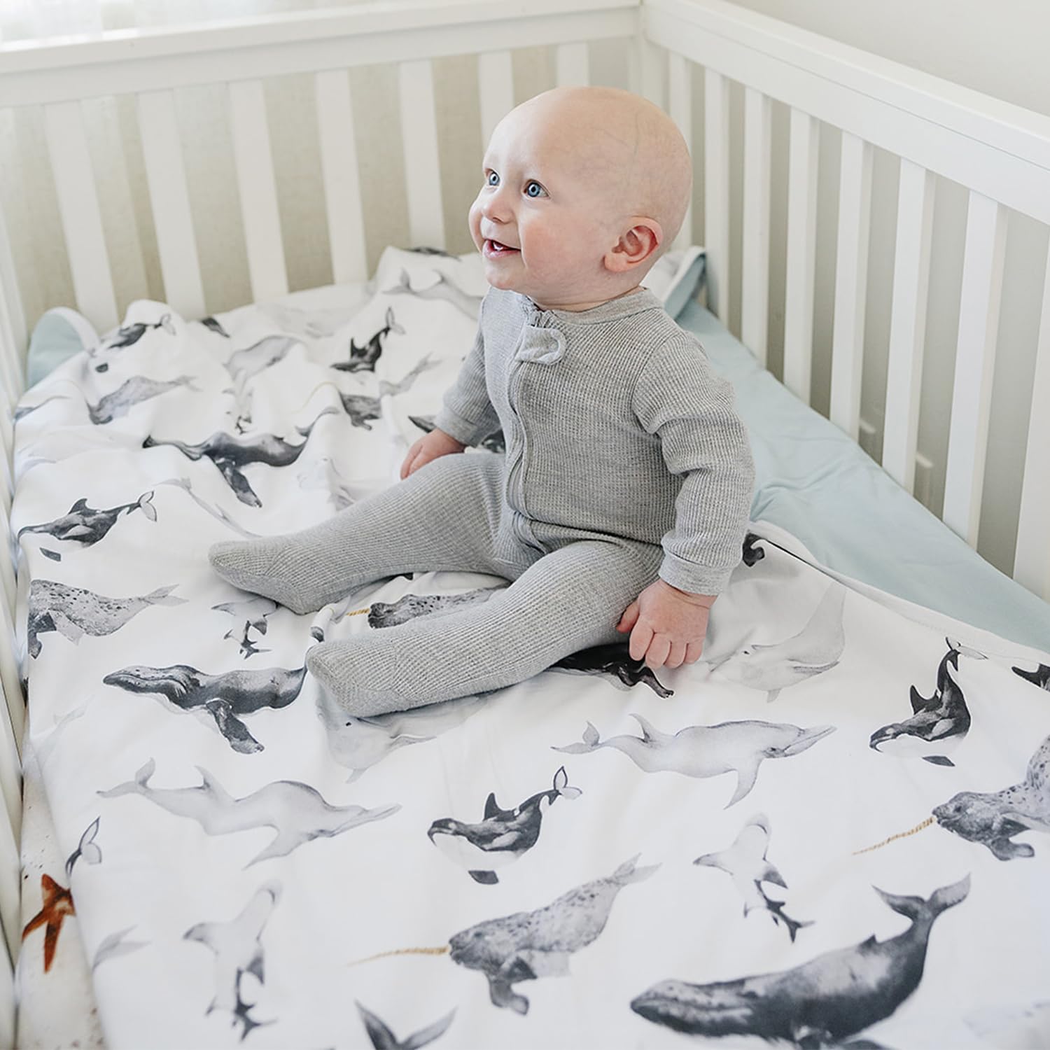 Pobi Baby Soft Neutral Blanket - Premium 100% Cotton Toddler Quilt for Boys & Girls | Ultra Soft & Warm Nursery Blanket | Perfect for Crib, Stroller & Baby Shower Gift (Seaside Blue)
