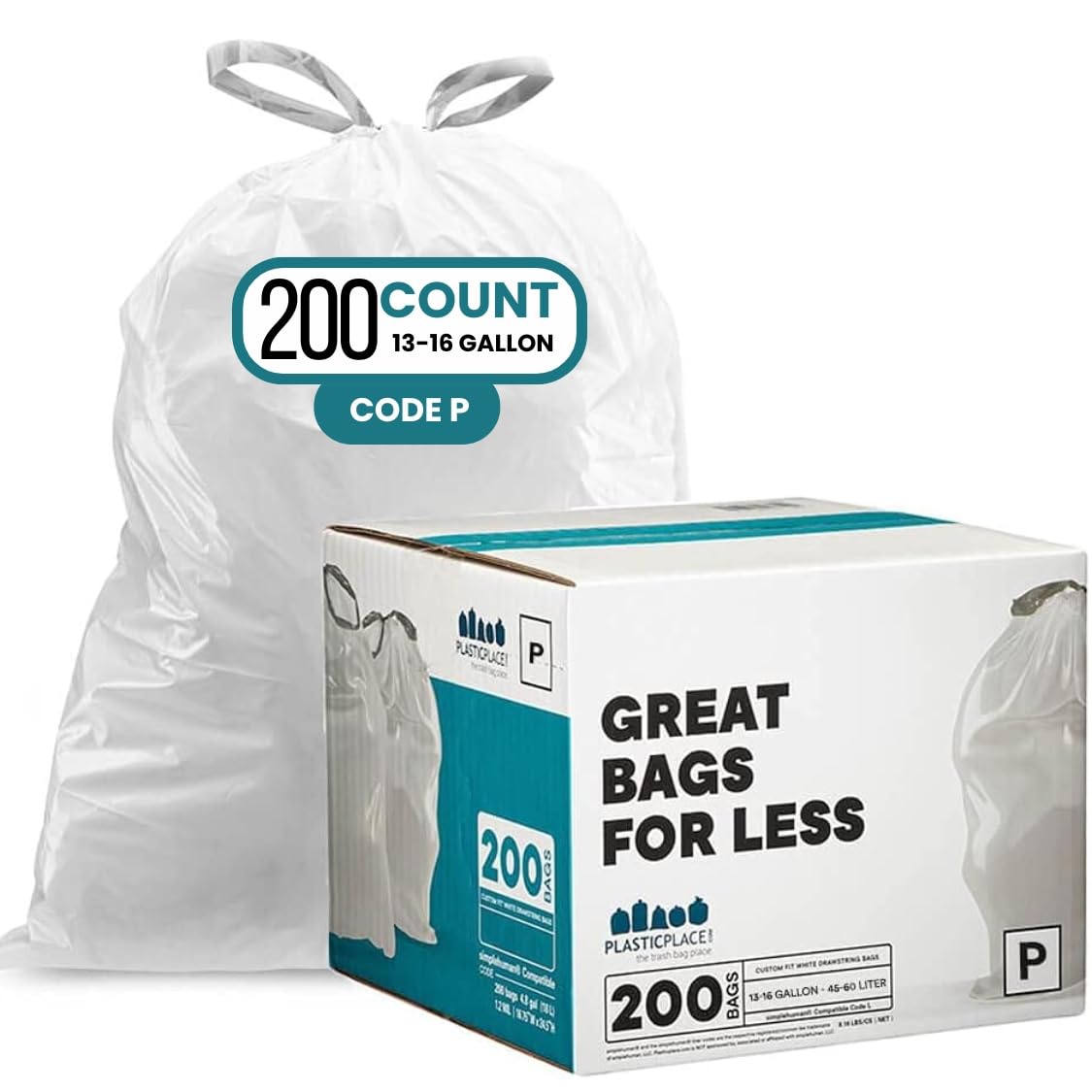 Premium Plasticplace Custom Fit Trash Bags - Compatible with simplehuman Code P, White Drawstring Garbage Liners 13-16 Gallon (50-60L), 23.5