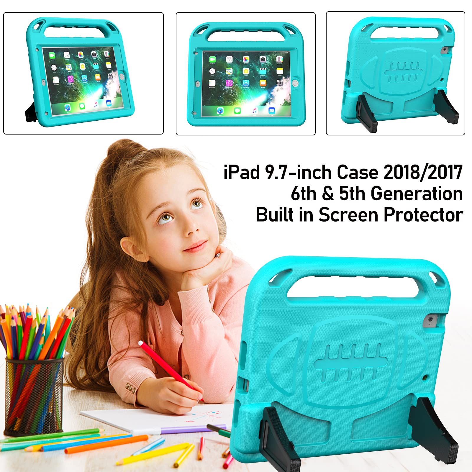 LTROP Shockproof Kids iPad Case for iPad 6th/5th Generation & Air 2 (9.7 Inch 2018/2017 Models) - Built-in Screen Protector, Handle Stand - Teal Blue | Perfect for Home Learning, Travel & Playtime Protection