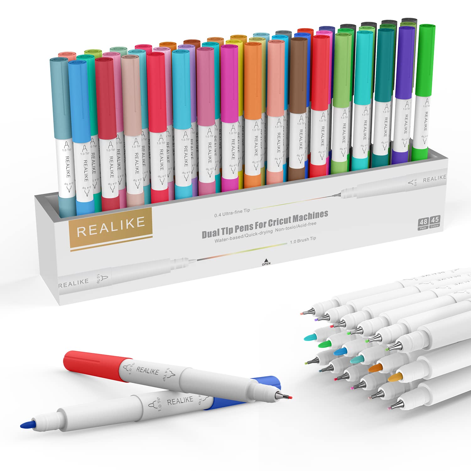 REALIKE 48-Pack Dual Tip Marker Pens Set (0.4mm & 1.0mm) for Cricut Maker 3/Maker/Explore 3/Air 2/Air - Fine Point Pens for Writing, Drawing, Crafting & DIY Projects - Perfect for Vinyl Cutting, Scrapbooking & Card Making