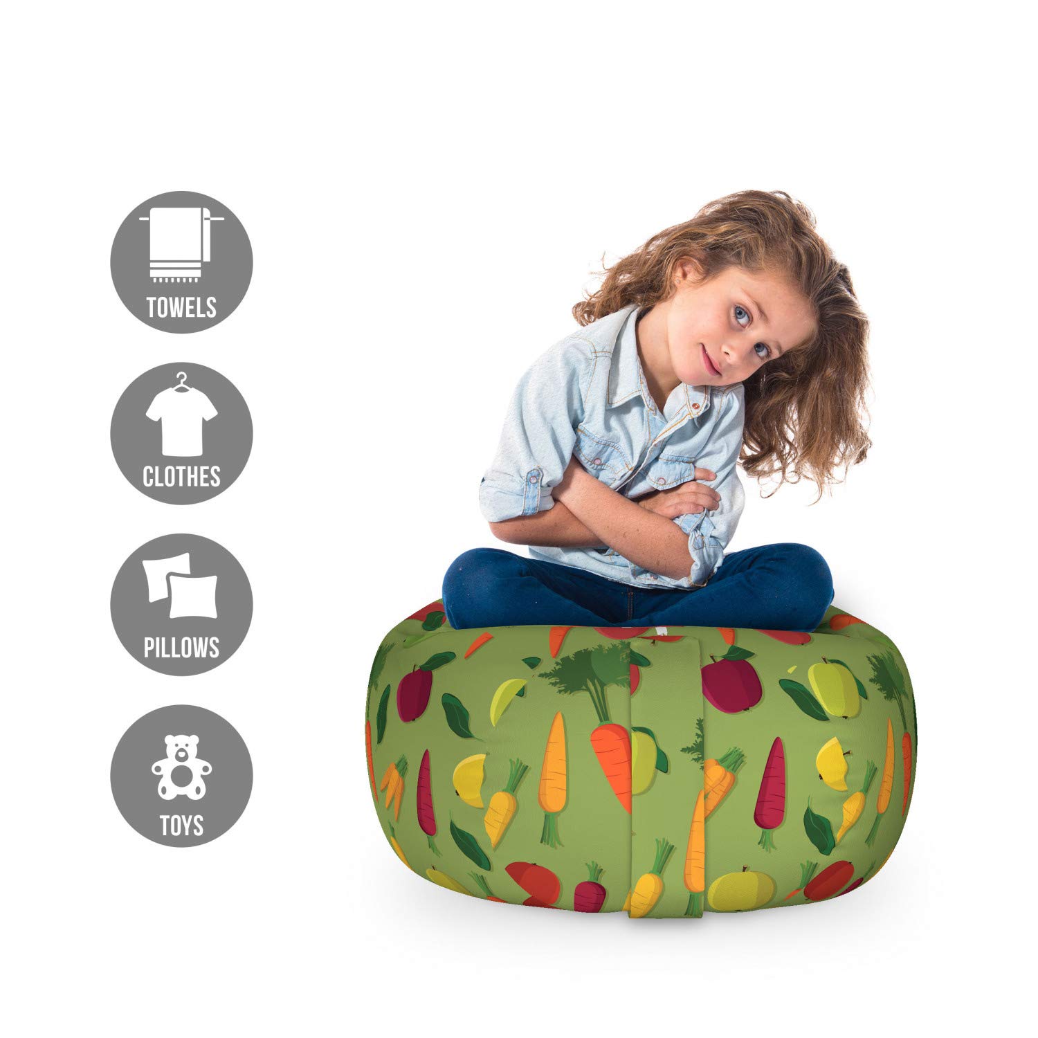 Ambesonne Fruits and Vegetables Toy Storage Bag Chair - Washable Organizer for Stuffed Animals, Small Multicolor - Perfect for Kids' Room, Playroom & Nursery Organization