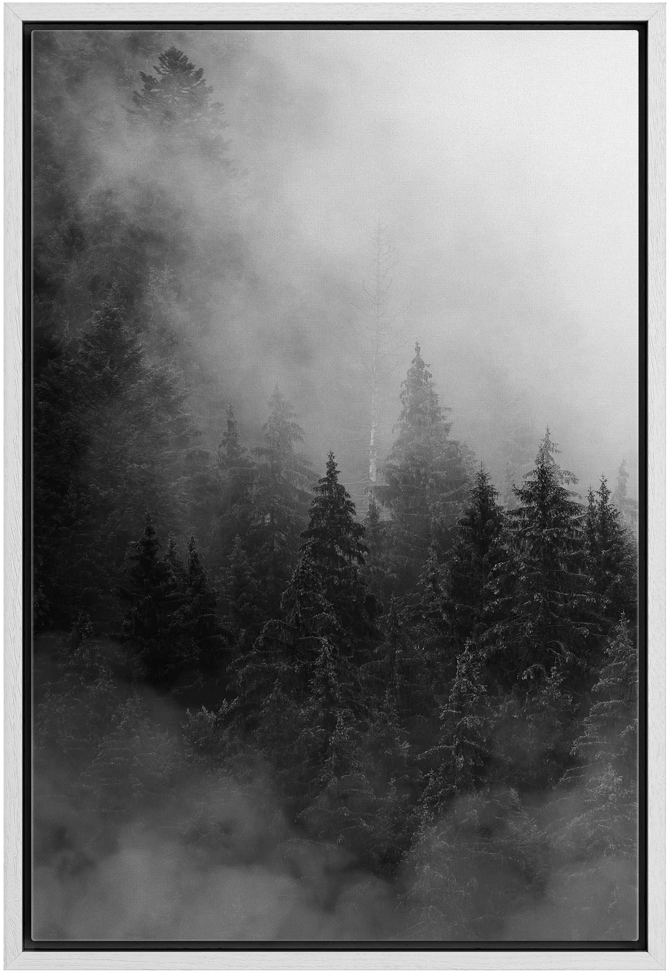 IDEA4WALL Framed Canvas Print Wall Art - Black & White Dark Pine Forest in The Mist, Nature Wilderness Realism, Dramatic Cool Woodland Nursery Decor for Living Room, Bedroom, Office, 16