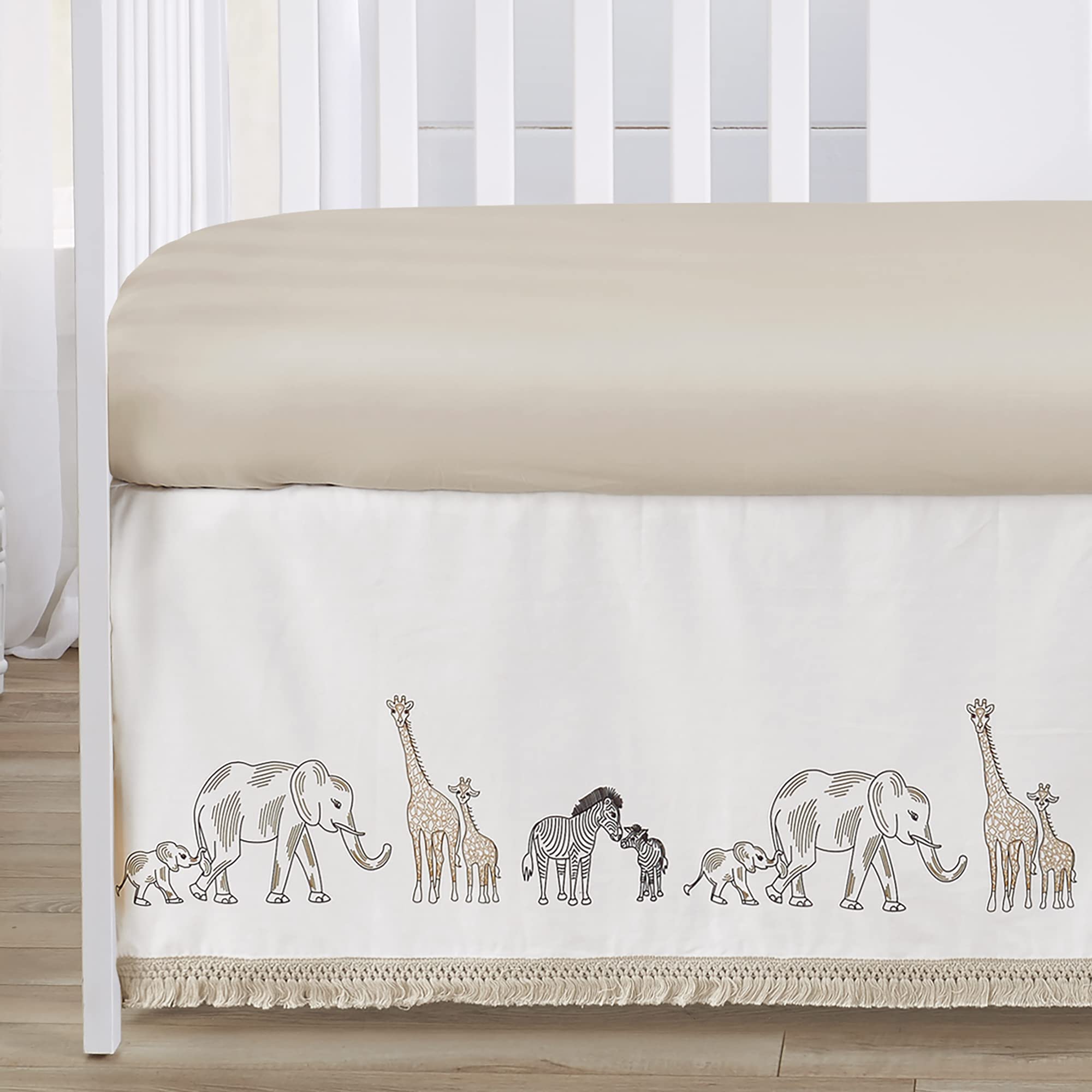 Sweet Jojo Designs 4-Piece Baby Crib Bedding Set - 100% Cotton Jungle Animal Theme for Boys & Girls | Includes Blanket, Fitted Sheet, Skirt & Diaper Stacker | Neutral Wildlife Safari Nursery Decor with Elephants | Perfect for Newborns, Infants & Toddlers | Ideal for Baby Showers, Nurseries & Daycare Centers
