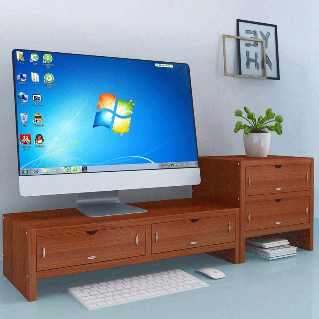 2 Tier Wood Monitor Stand Riser with 4 Storage Drawers - Ergonomic Laptop/Computer/TV Stand for Home & Office Workspace - Space Saving Desk Organizer (Teak Color) - Perfect for Small Spaces & Clutter-Free Workstations