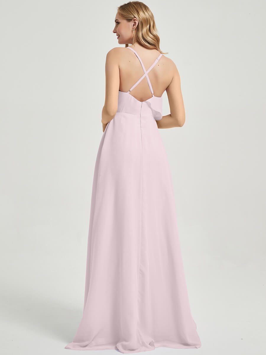 Elegant Criss Cross Straps Ruffles Slit Chiffon Maxi Bridesmaid Dress in Pale Rose - Perfect for Weddings, Prom & Formal Events
