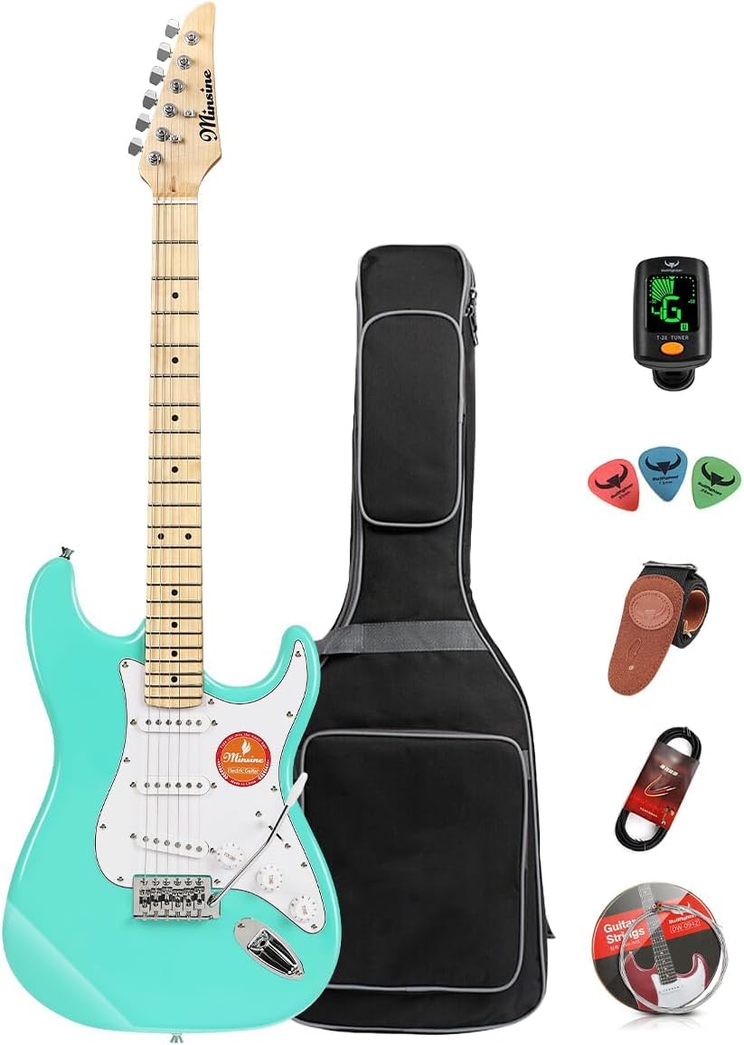 39 Inch Full Size Electric Guitar with Solid Body & S-S-S Pickups - 6 String Beginner Guitar Kit Includes Gig Bag, Strap, Tremolo Arm, Cable & Picks (Green, Model MS100) - Perfect for Beginners, Practice, Live Performances & Home Recording