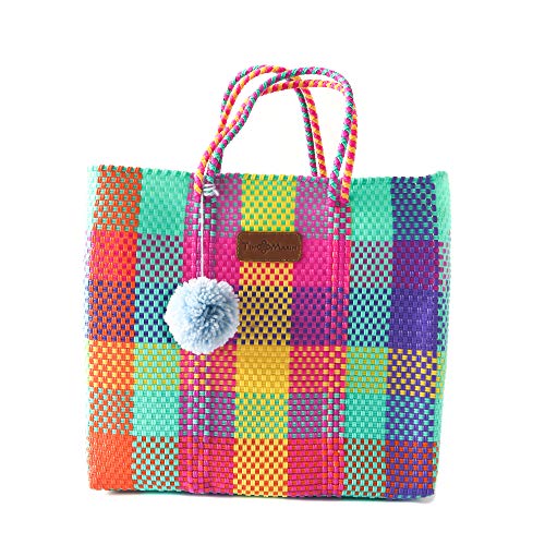 Colorful Fiesta Woven Tote Bag - Handmade Mexican Plastic Beach Bag - Waterproof & Durable Summer Tote - Perfect for Beach, Pool, Shopping & Travel Accessories