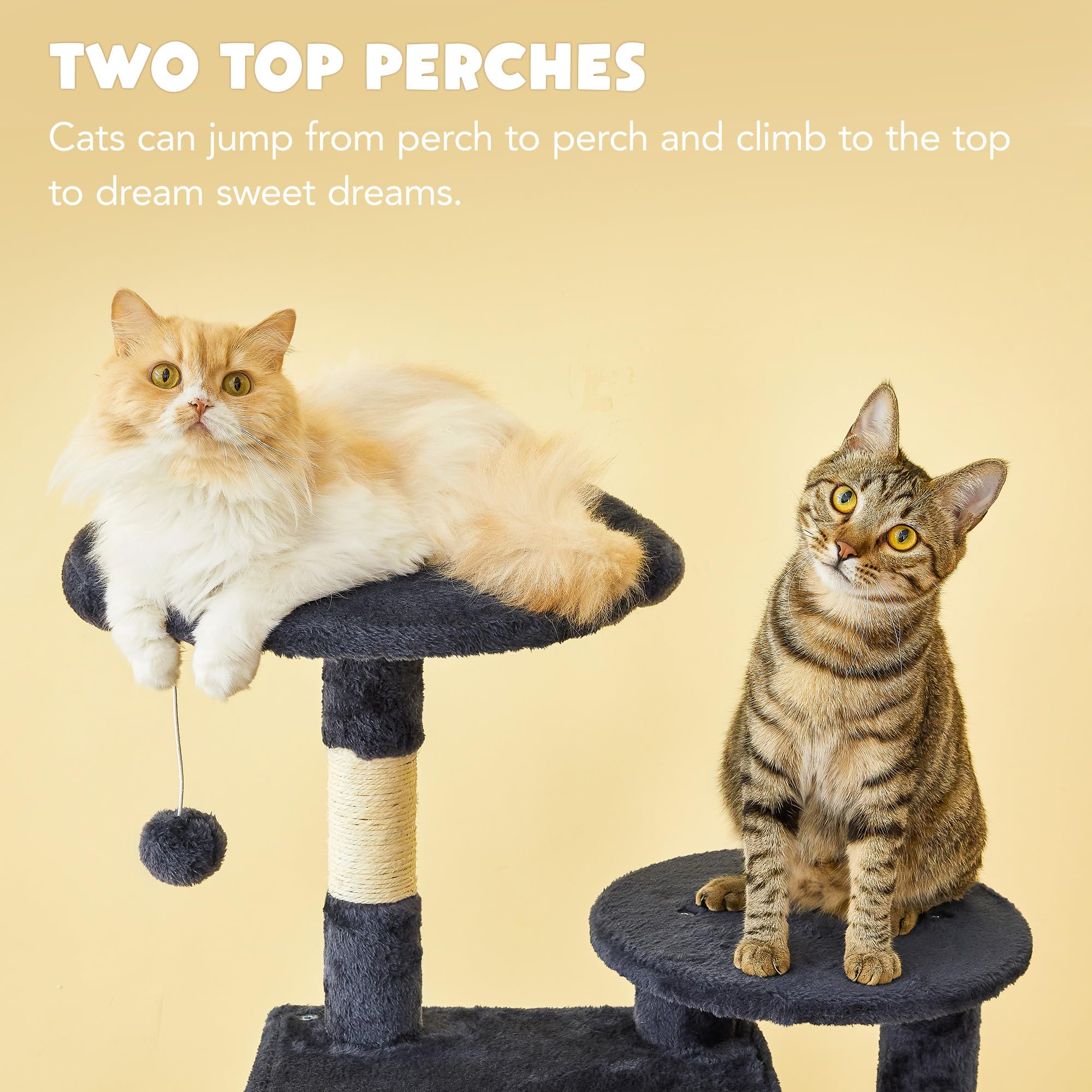 Premium Multi-Level Cat Tree for Indoor Cats - Tall Cat Tower with Condos, Sisal Scratching Posts & Hammock | Dangling Toys & Top Perch for Large Cats & Kittens | Smoky Grey | Perfect for Play, Rest & Climbing in Home or Apartment