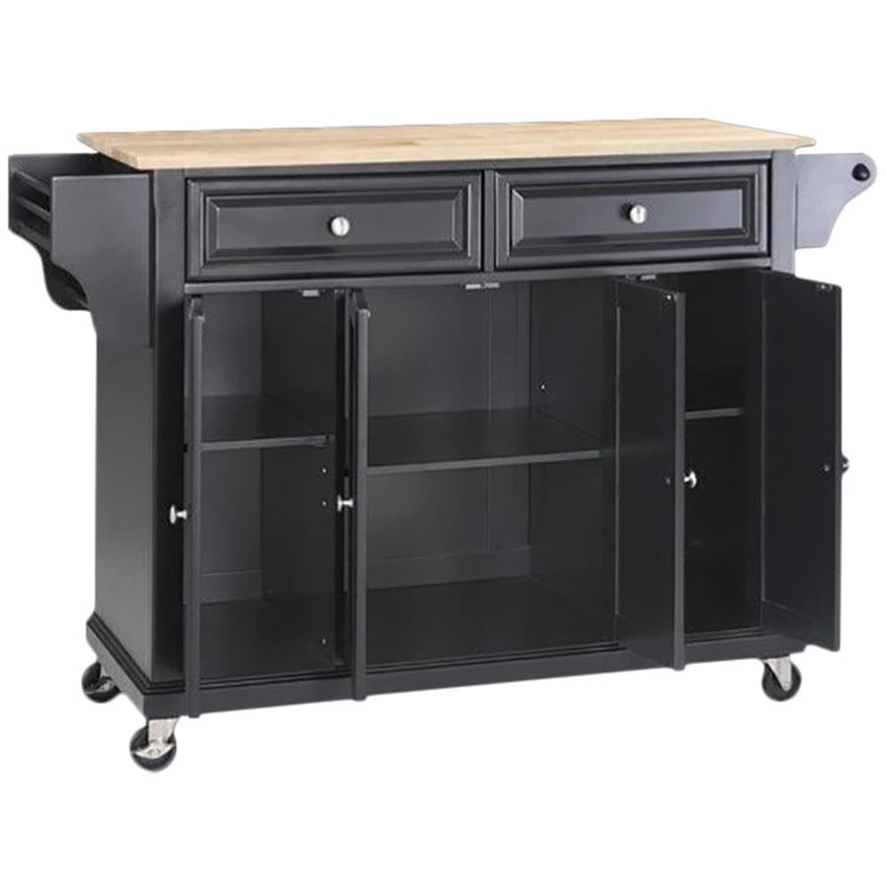 Crosley Wood Top Rolling Kitchen Island Cart - Full Size Microwave Stand with Spice Rack, Black | Perfect for Small Kitchen Storage & Food Prep Station